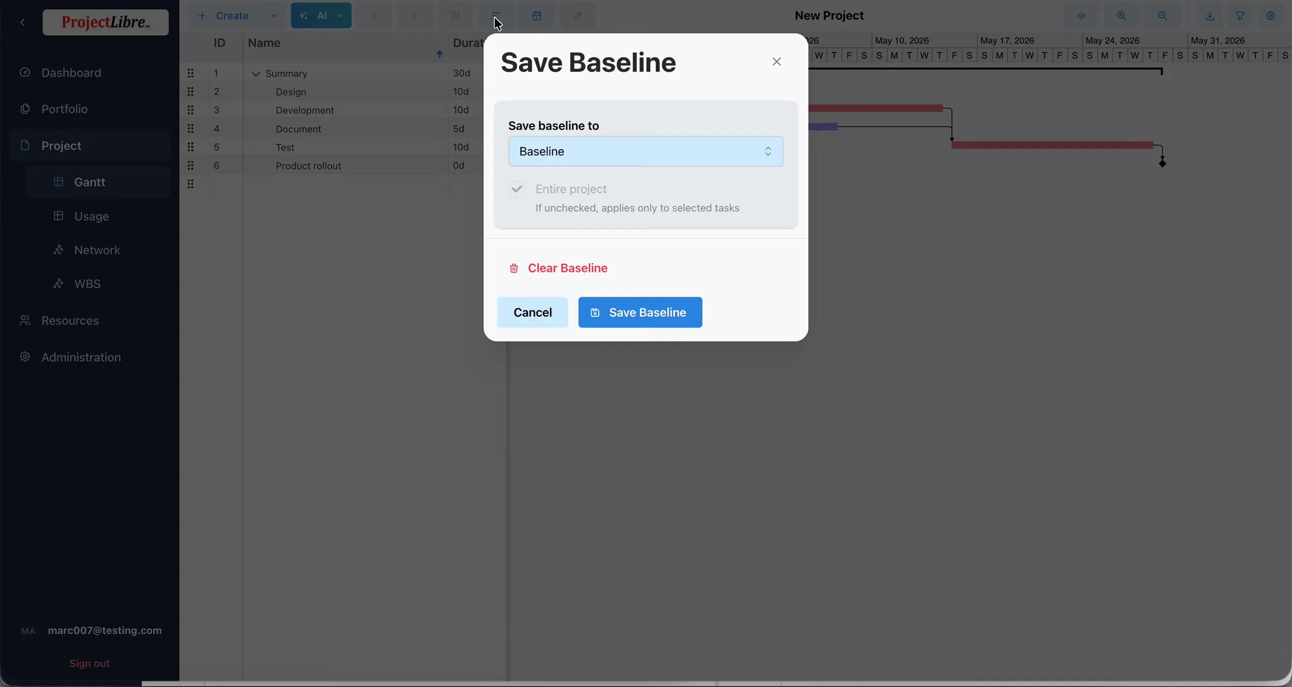 Save Baseline dialog