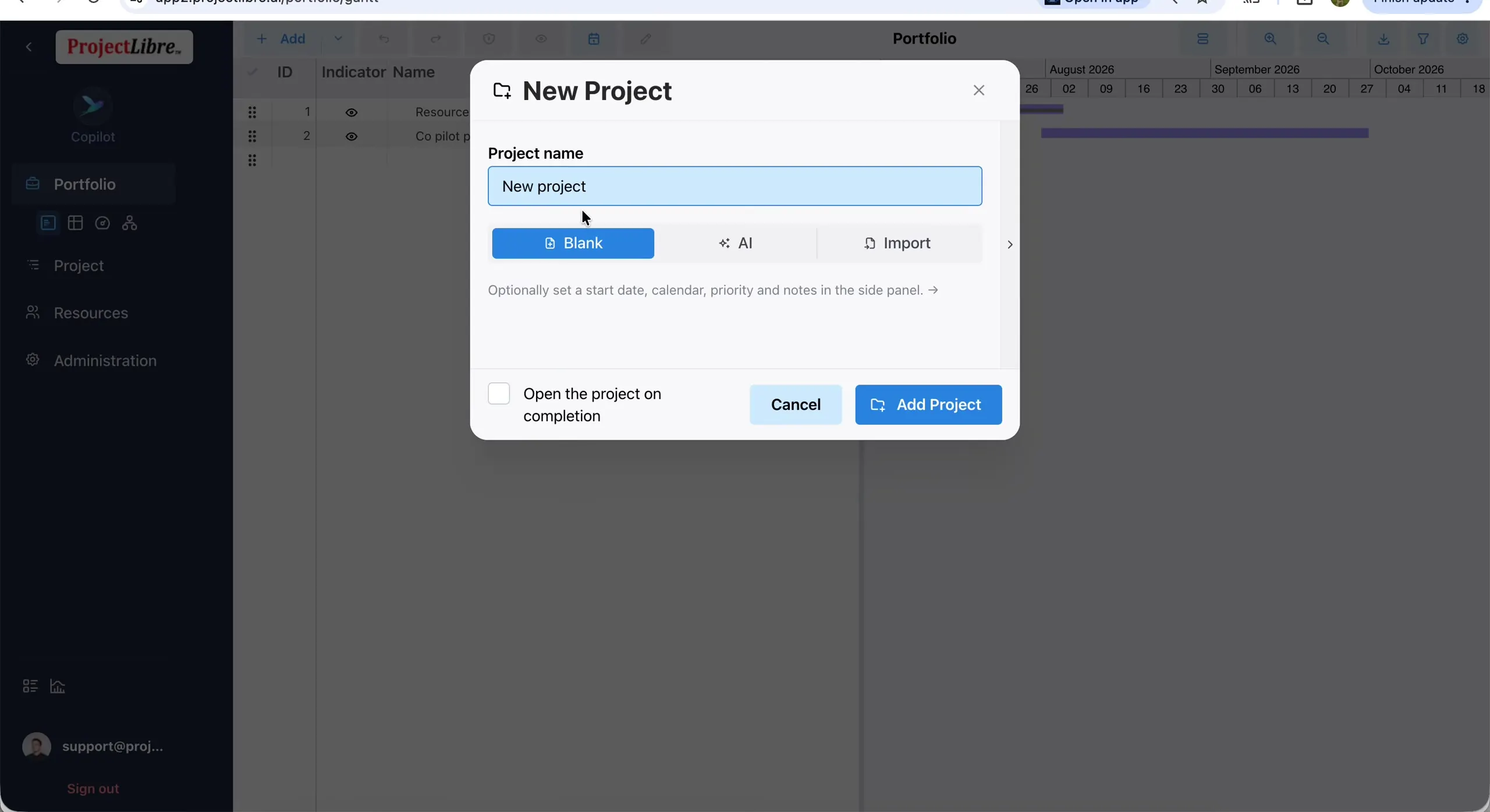 New Project modal — Blank selected, name New project, Add Project