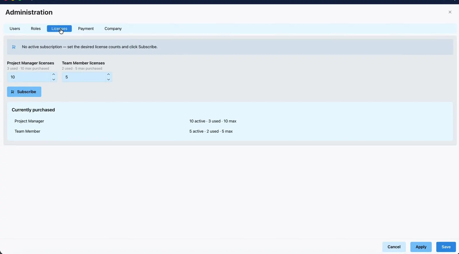 Licenses counts and Subscribe