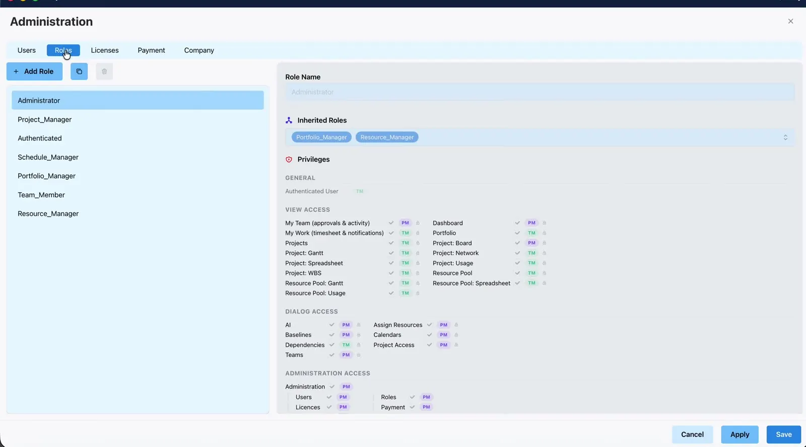 Role privileges VIEW DIALOG ADMINISTRATION