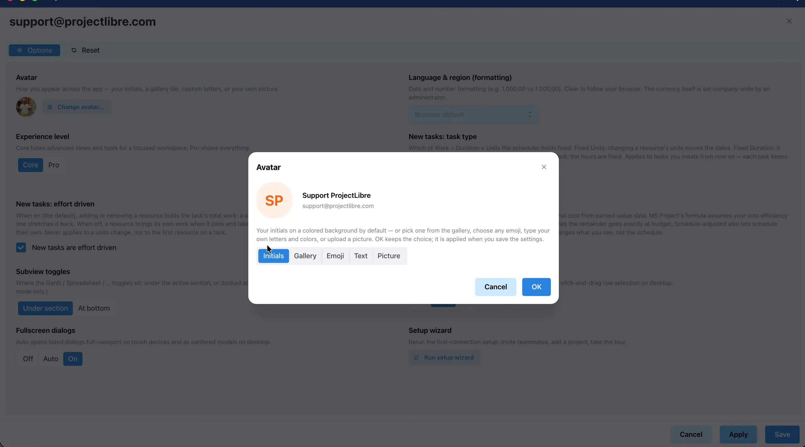 Avatar modal Initials tab