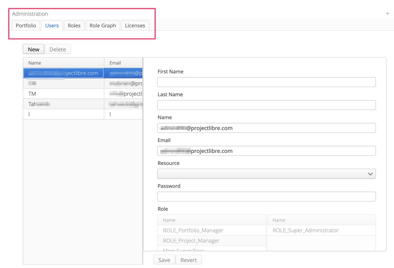 Administration, Users tab: the New button and the new user form — names, email, resource, password and roles