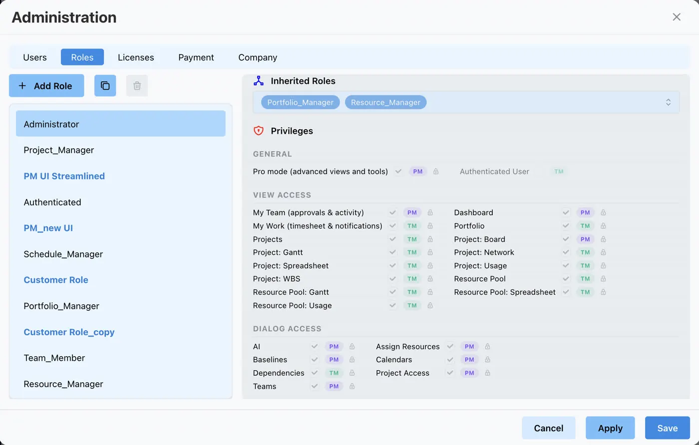 Administration Roles tab — black standard vs blue custom; Inherited Roles and Privileges with PM/TM badges