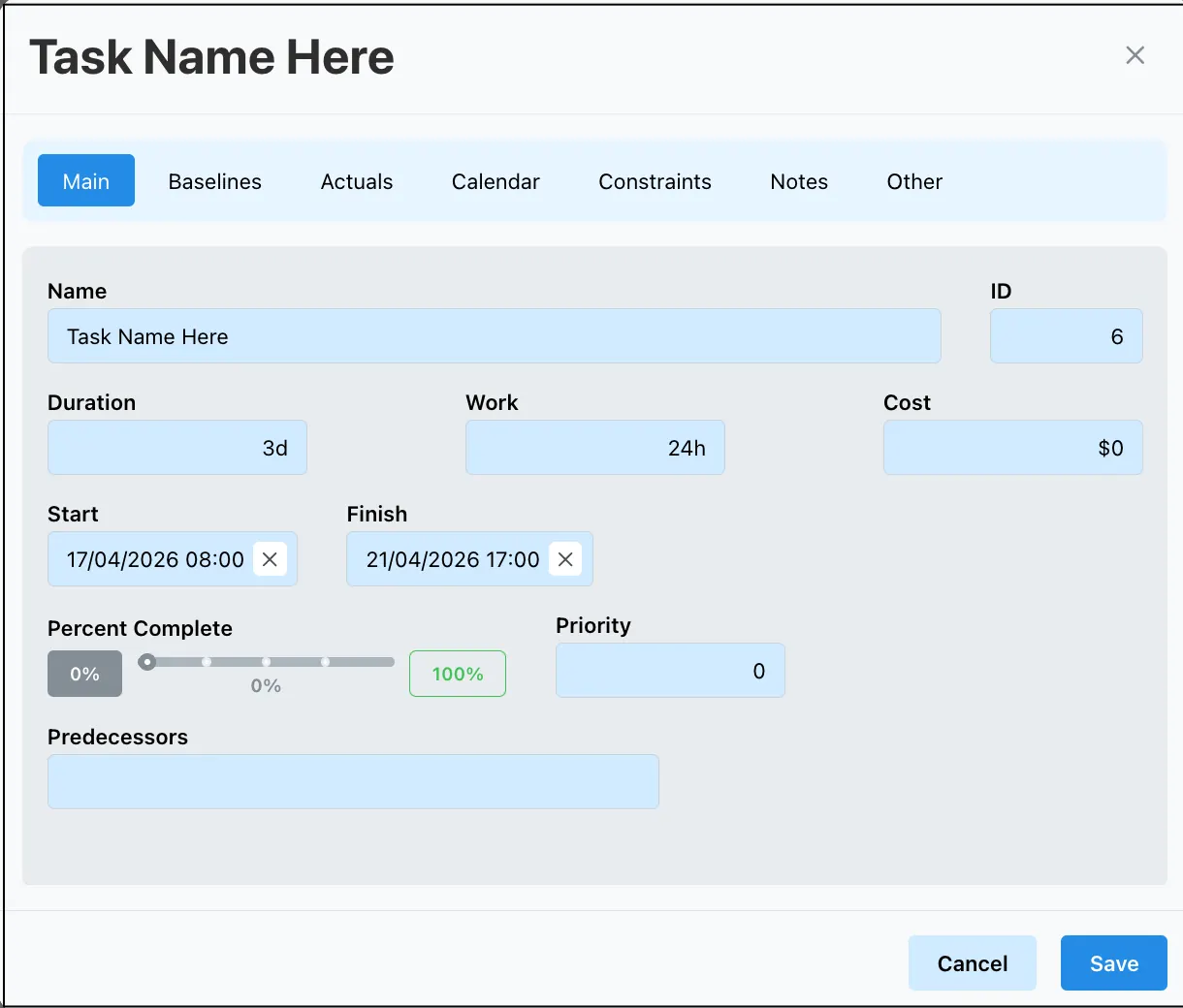 Task Detail dialog box