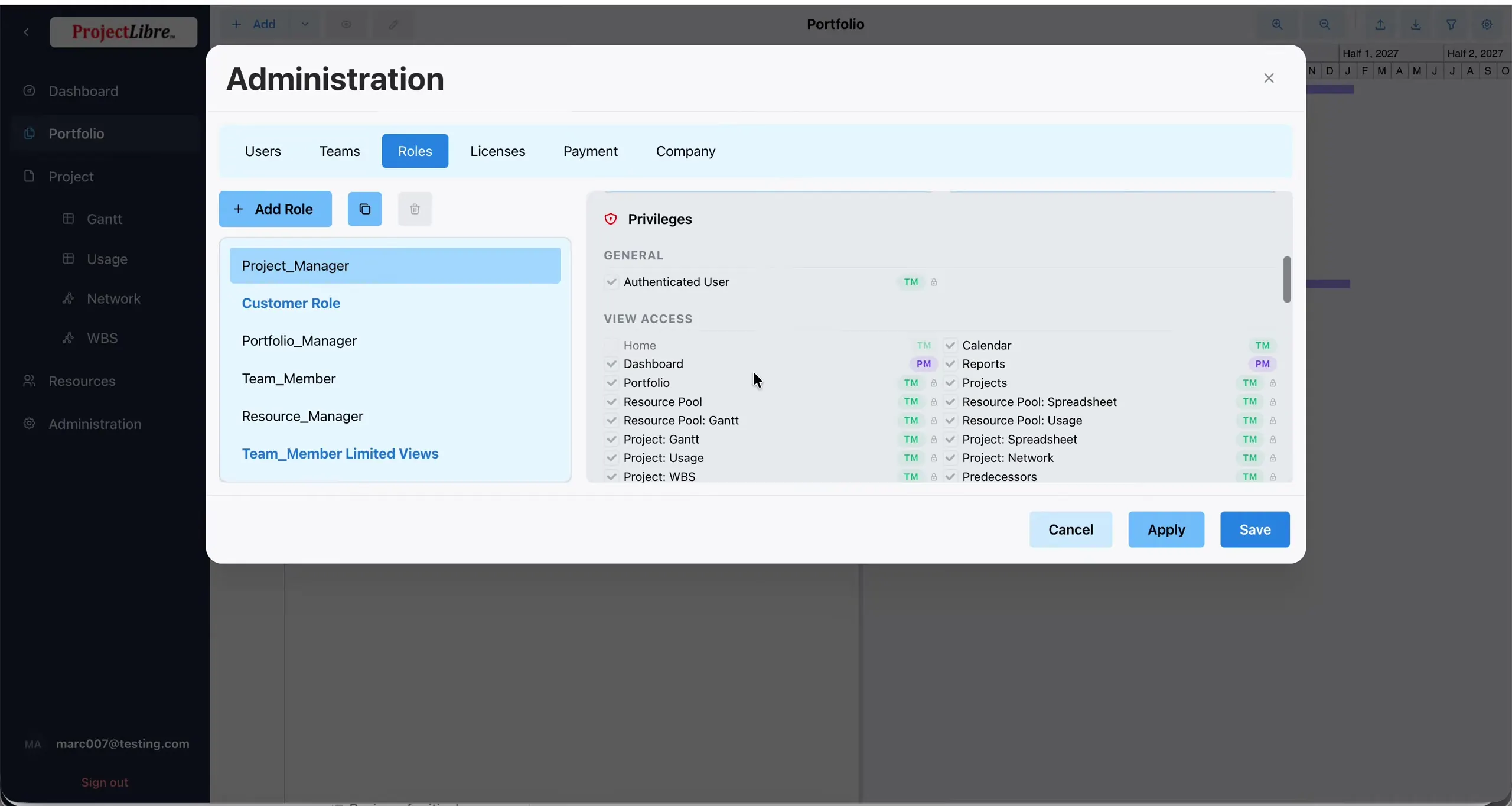 Project_Manager Privileges VIEW ACCESS grid