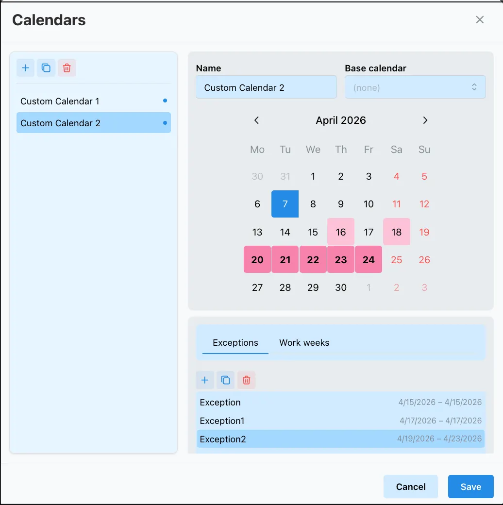 Calendars dialog