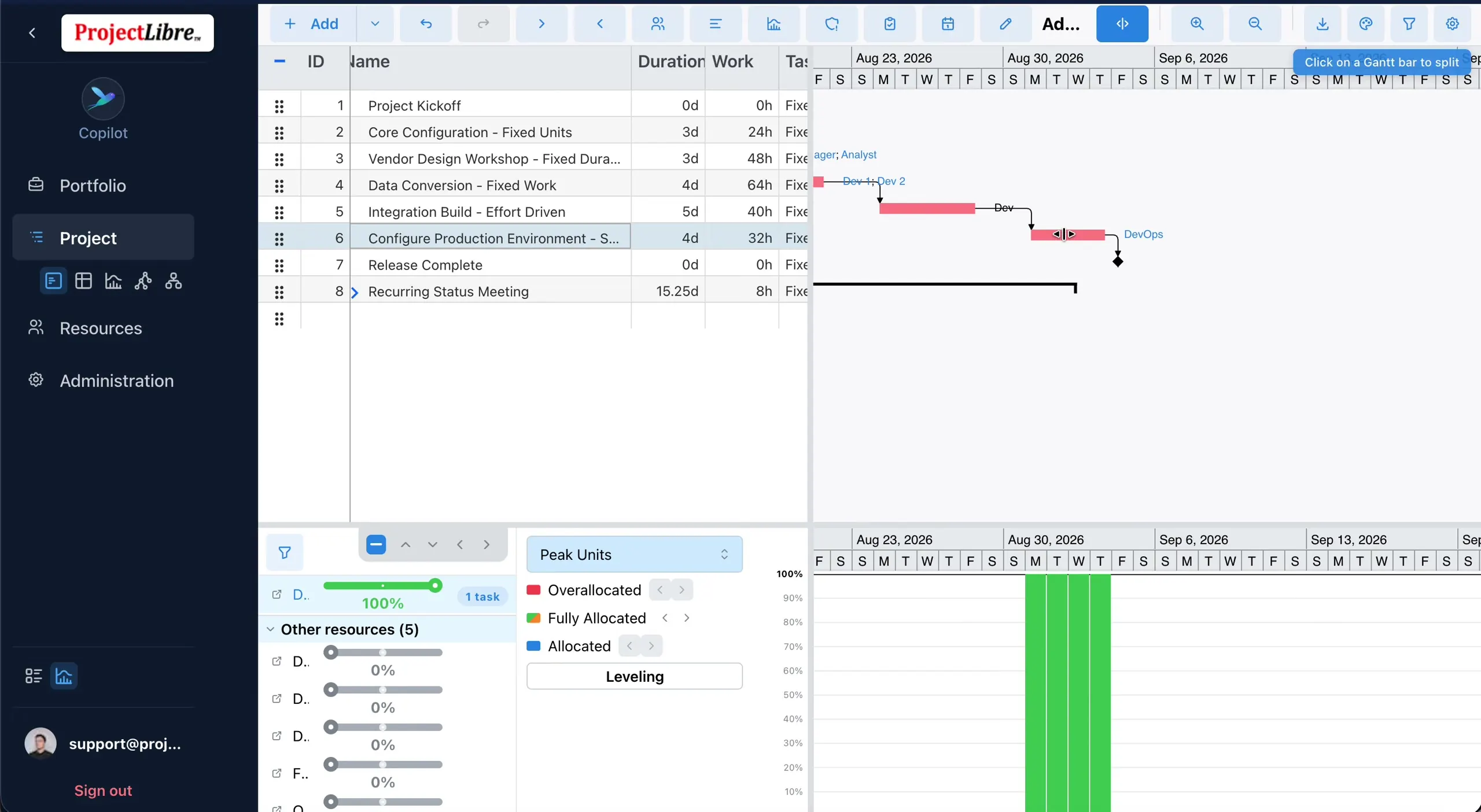Split Task mode tooltip Click on a Gantt bar to split