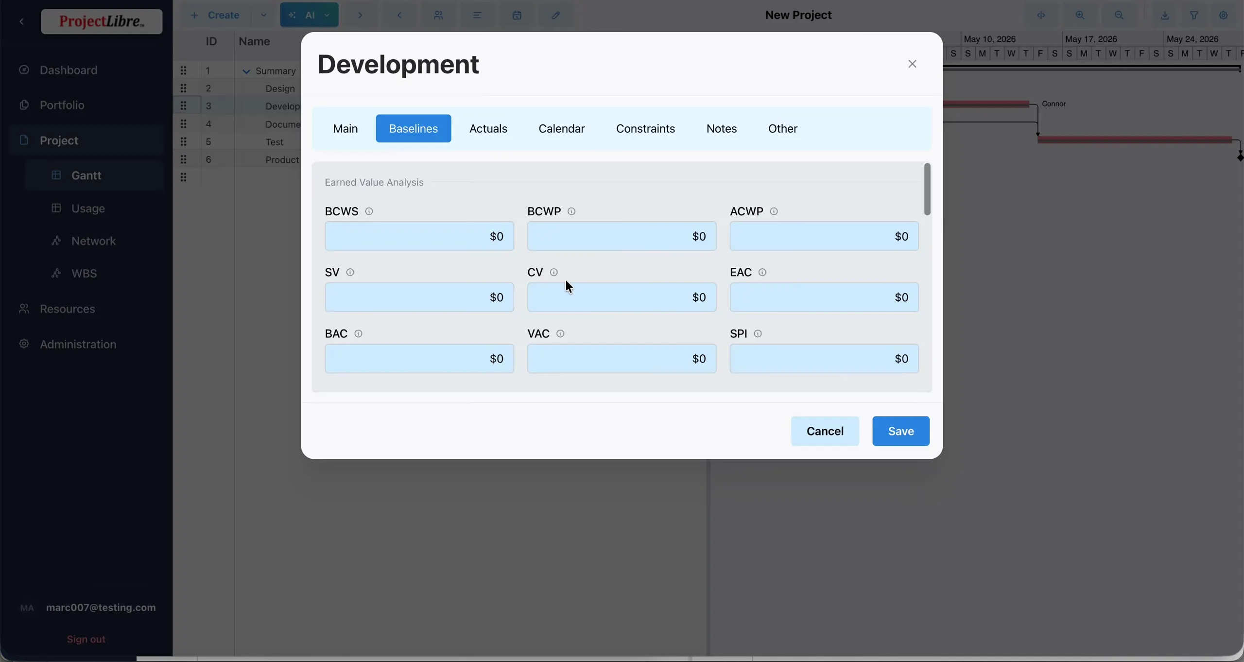 Baselines / EVM fields on task modal