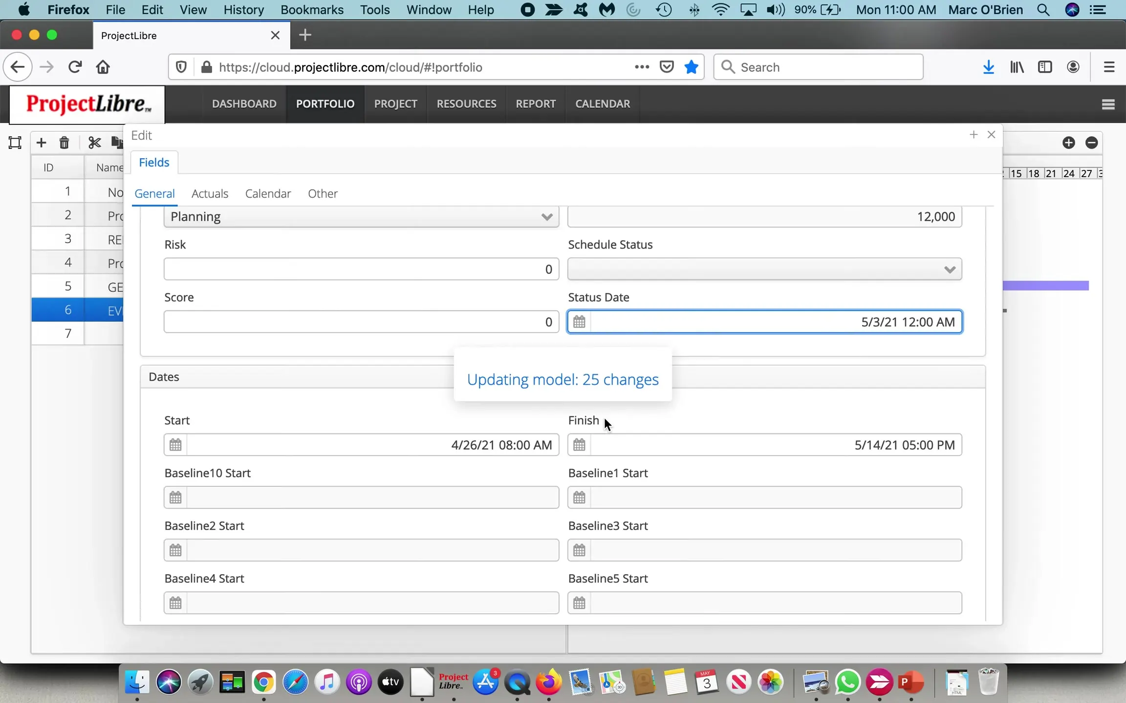 ProjectLibre Cloud Portfolio Edit General Dates Status Date