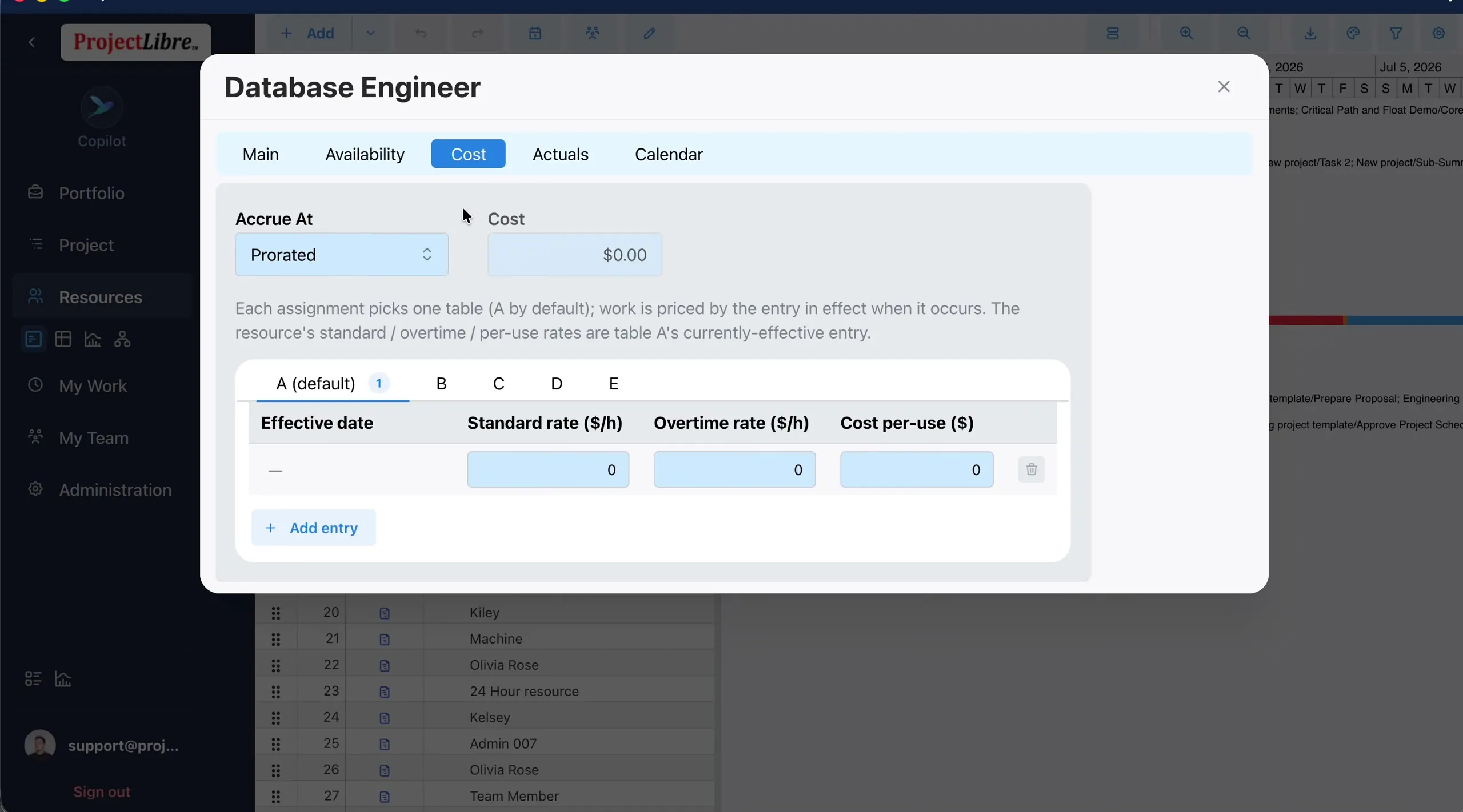 Edit Resource Cost rate tables