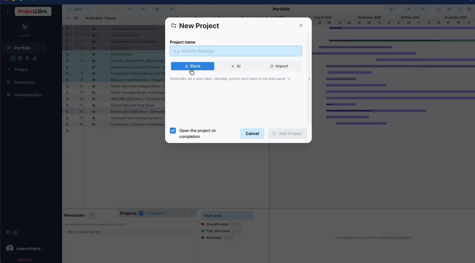 New Project Blank AI Import modal