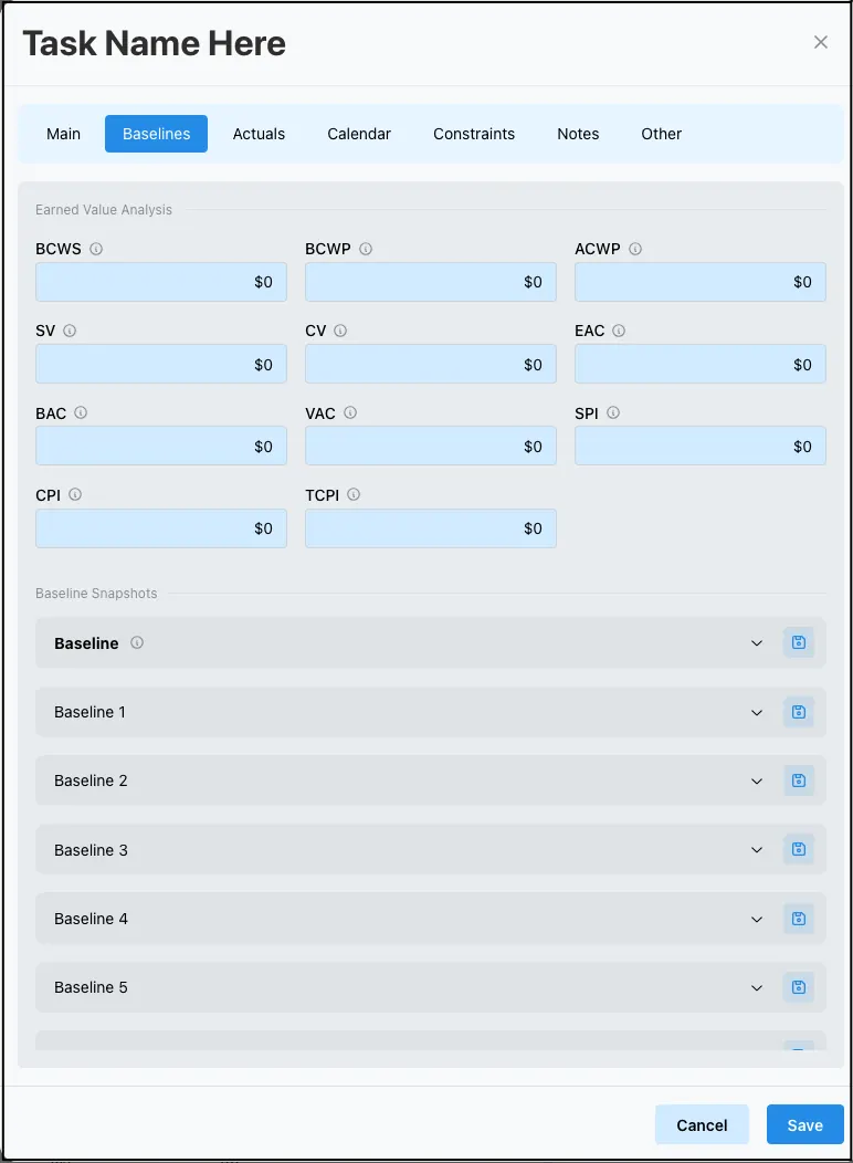 Baselines tab