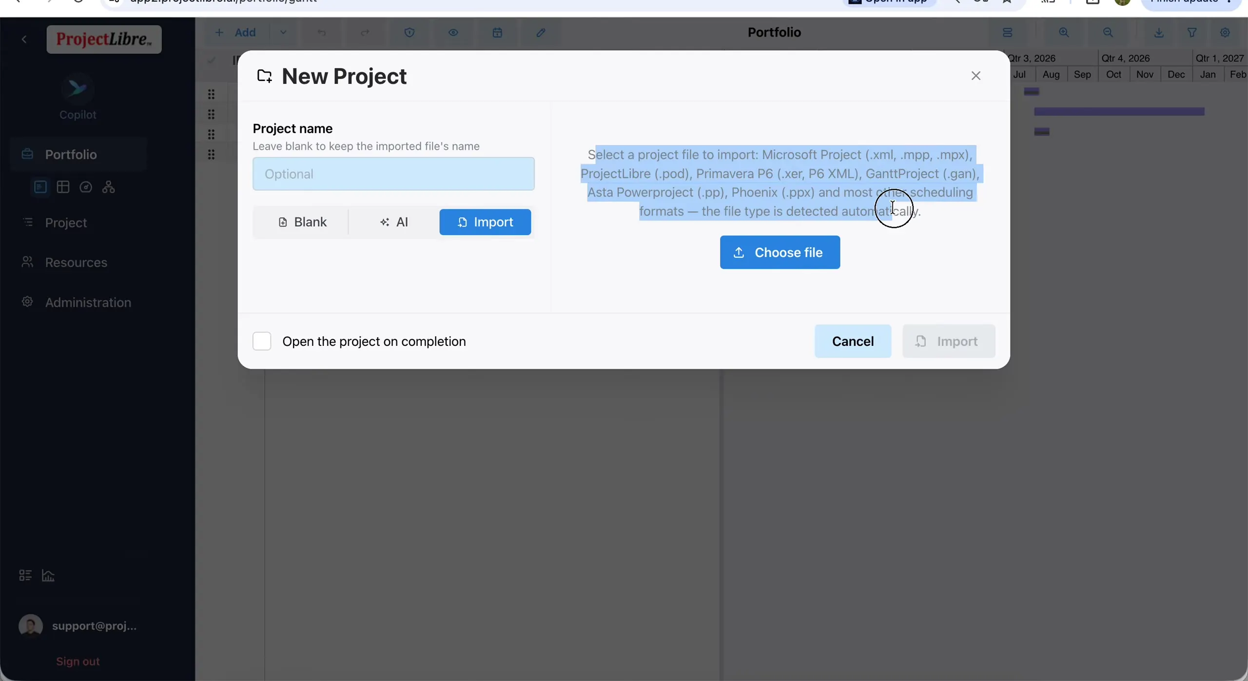 New Project Import mode — full supported format list and Choose file