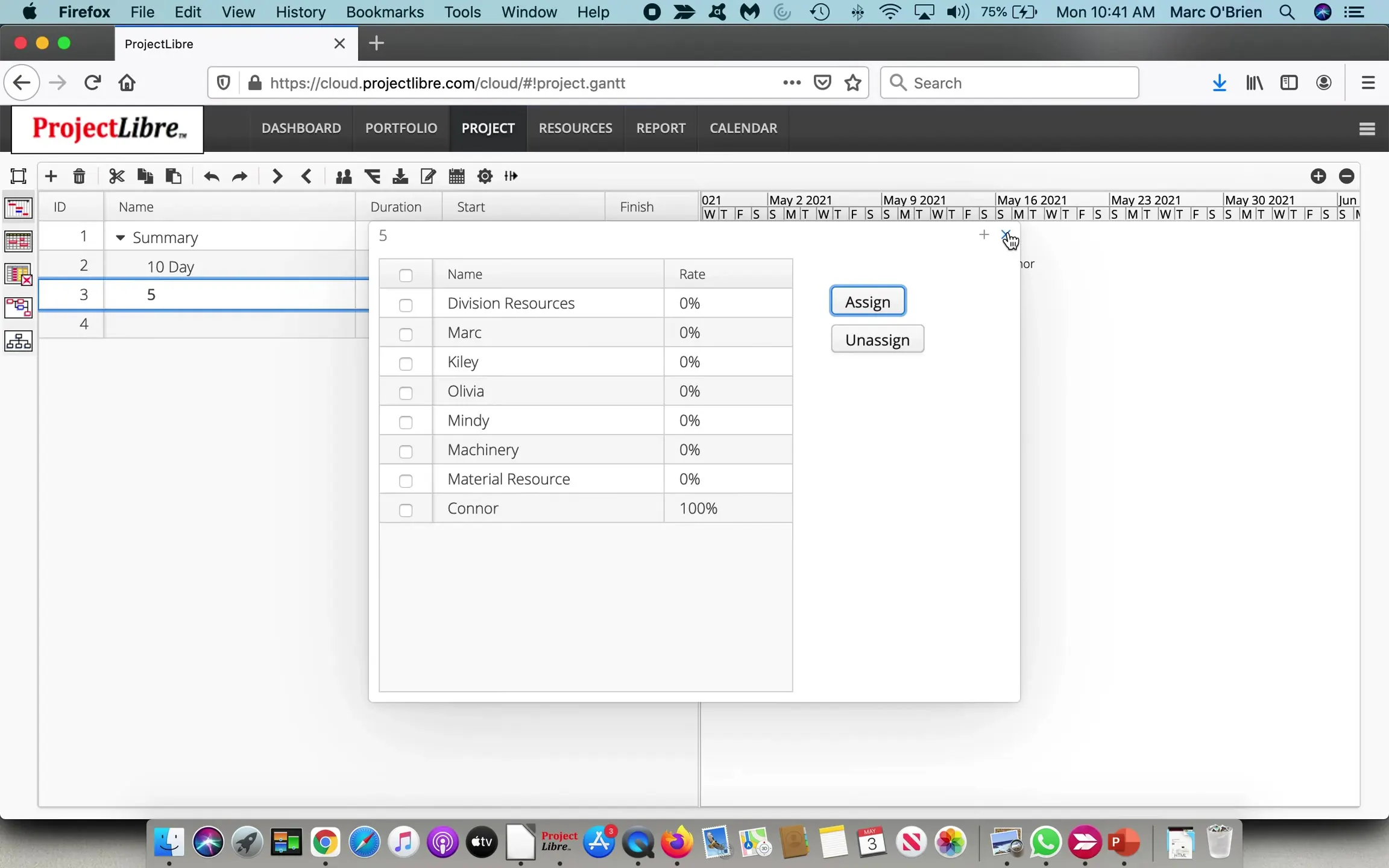 ProjectLibre Cloud Assign Resources dialog with Connor assigned at 100 percent