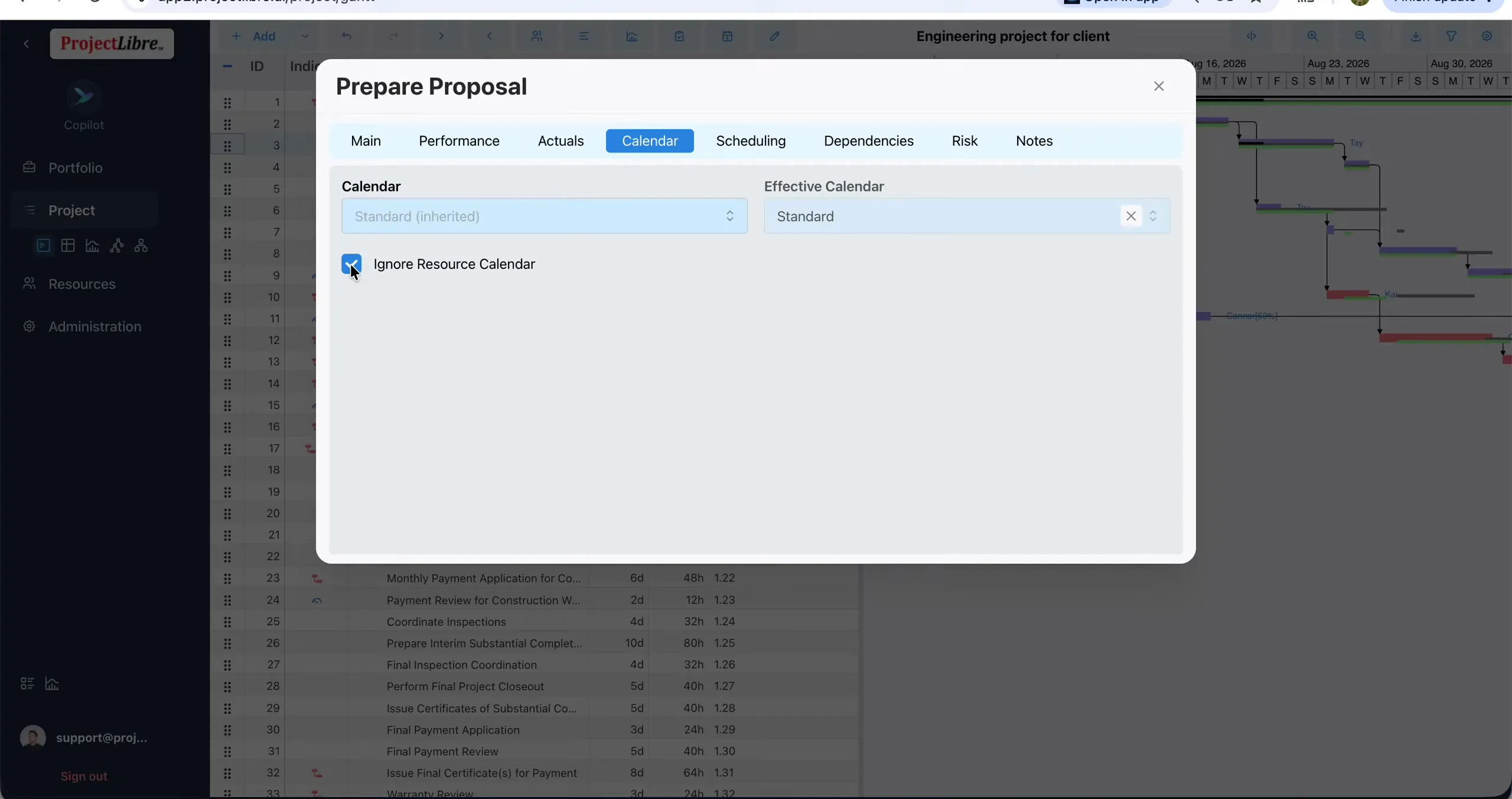 Task Calendar tab Ignore Resource Calendar checked