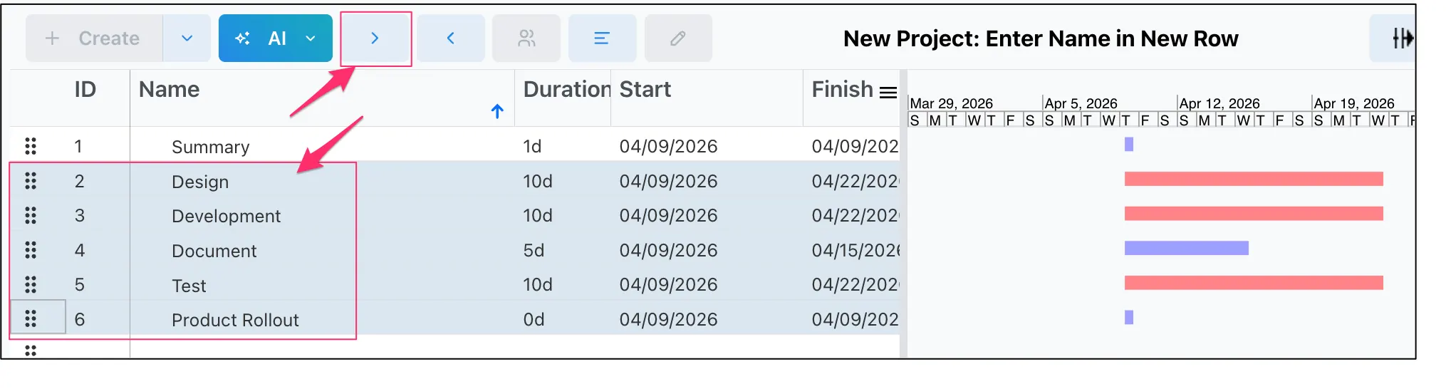Highlight tasks and use the indent icon to create a heirarchy