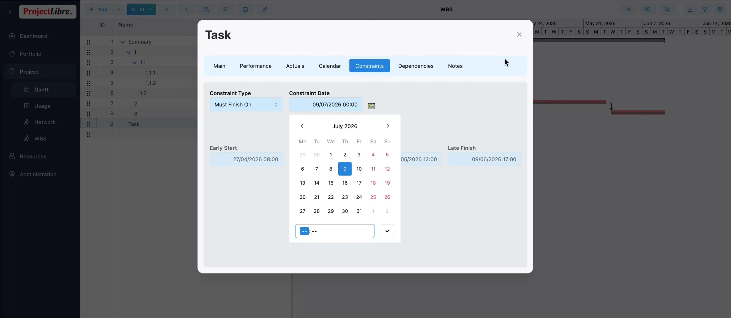 Must Finish On constraint with date picker set