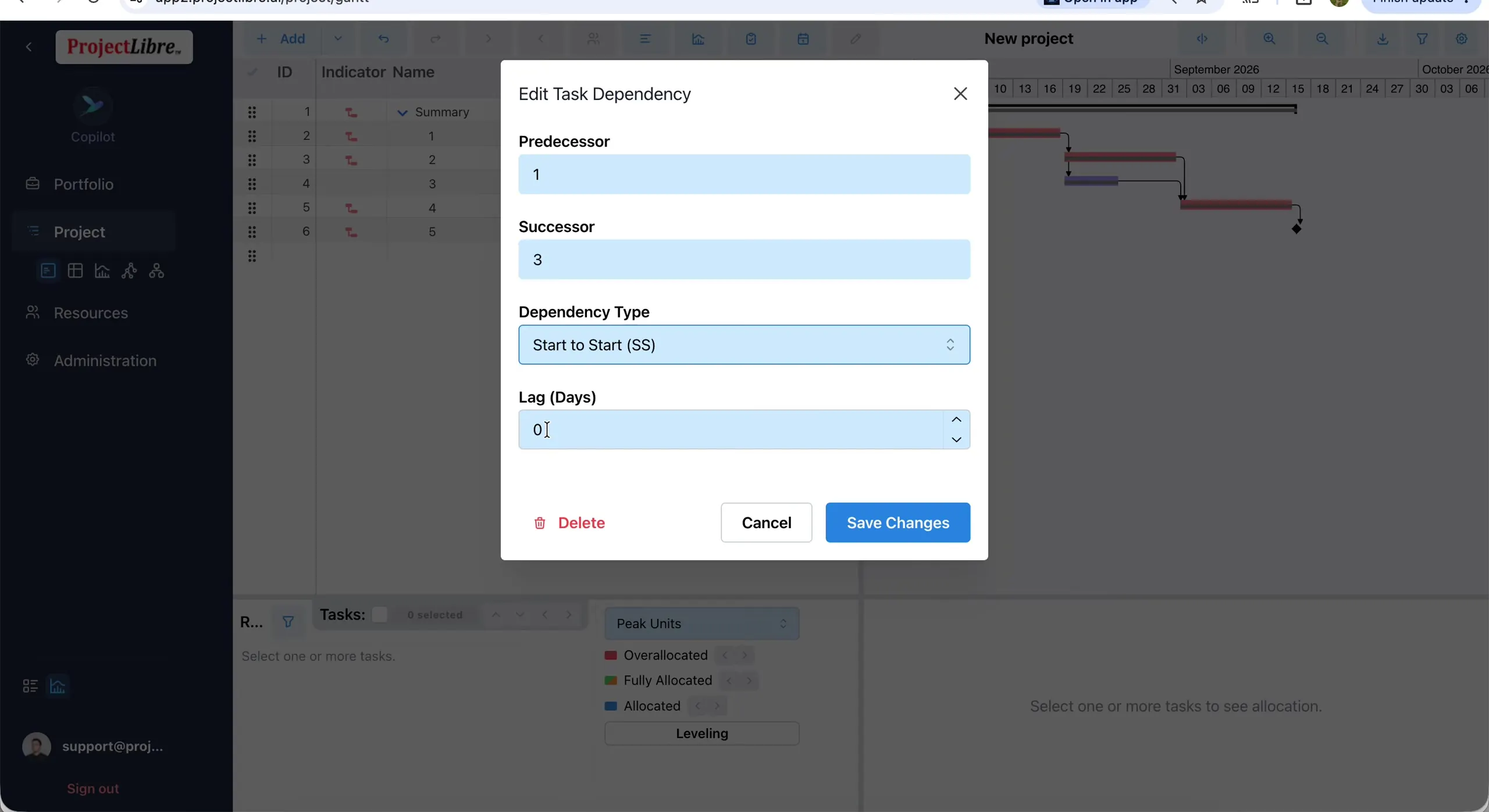 Edit Task Dependency dialog — Start to Start (SS)