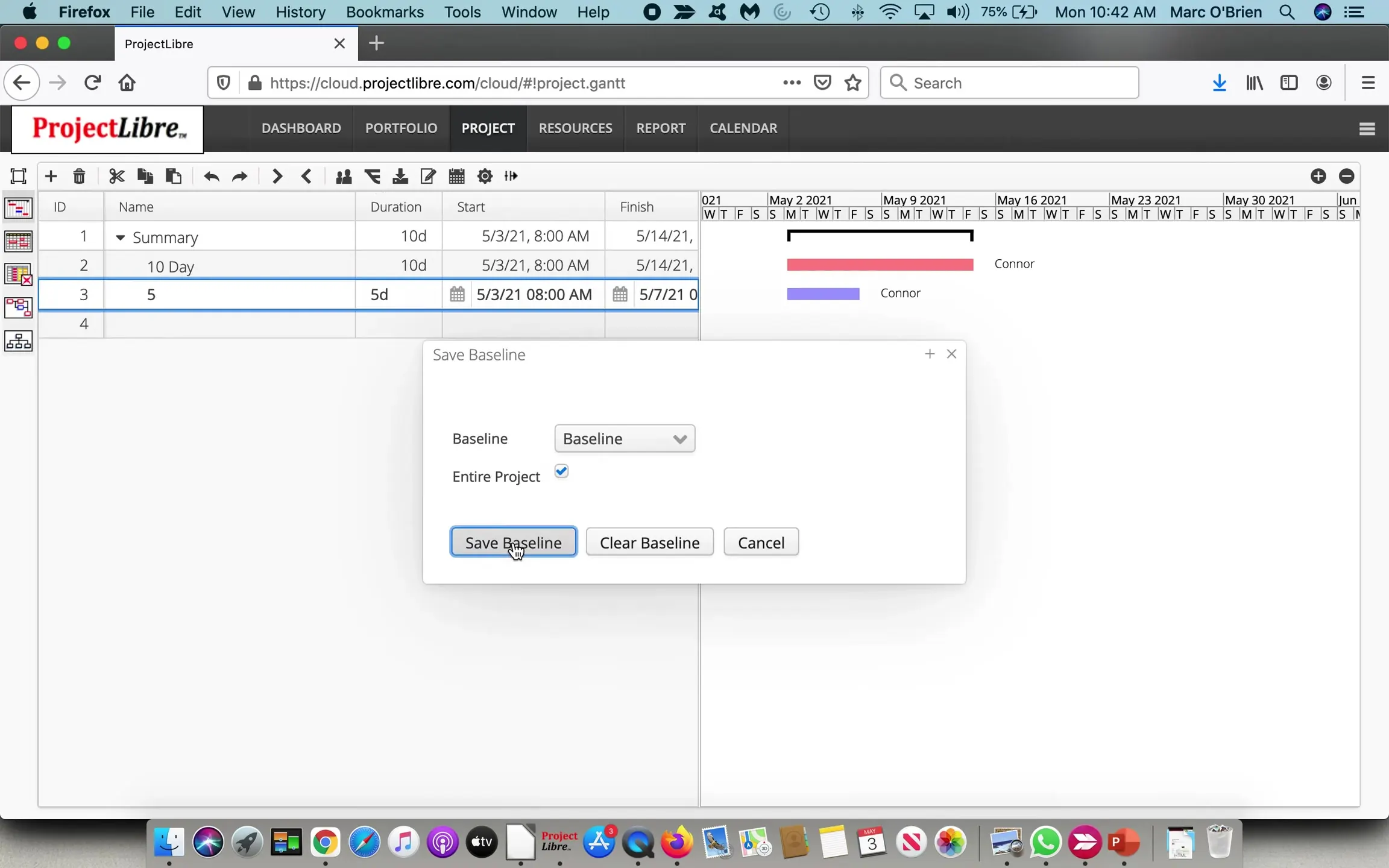 ProjectLibre Cloud Save Baseline dialog Entire Project