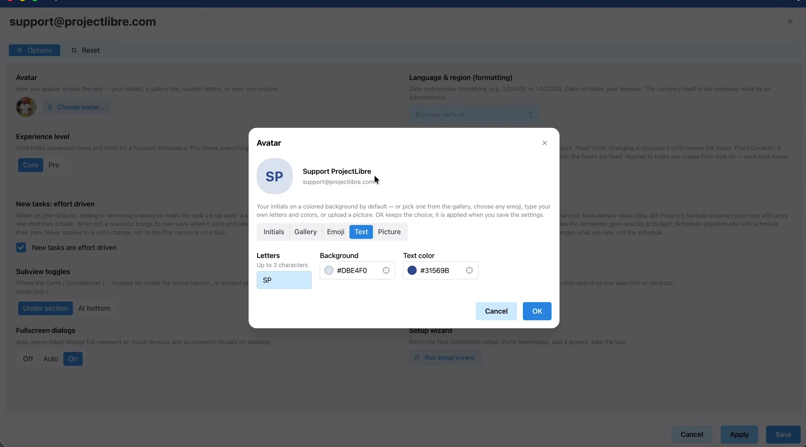 Avatar modal Text letters and colors
