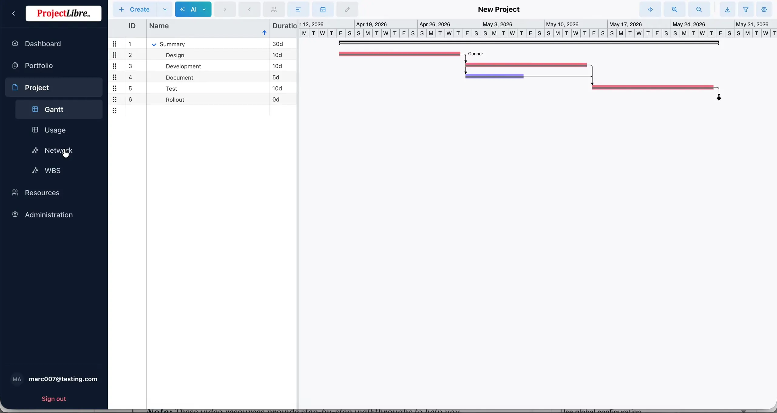Sidebar Project expanded with Network hover; WBS label visible