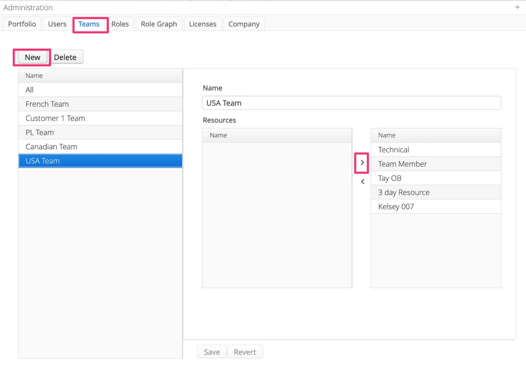 Teams tab: creating a team and choosing its resources