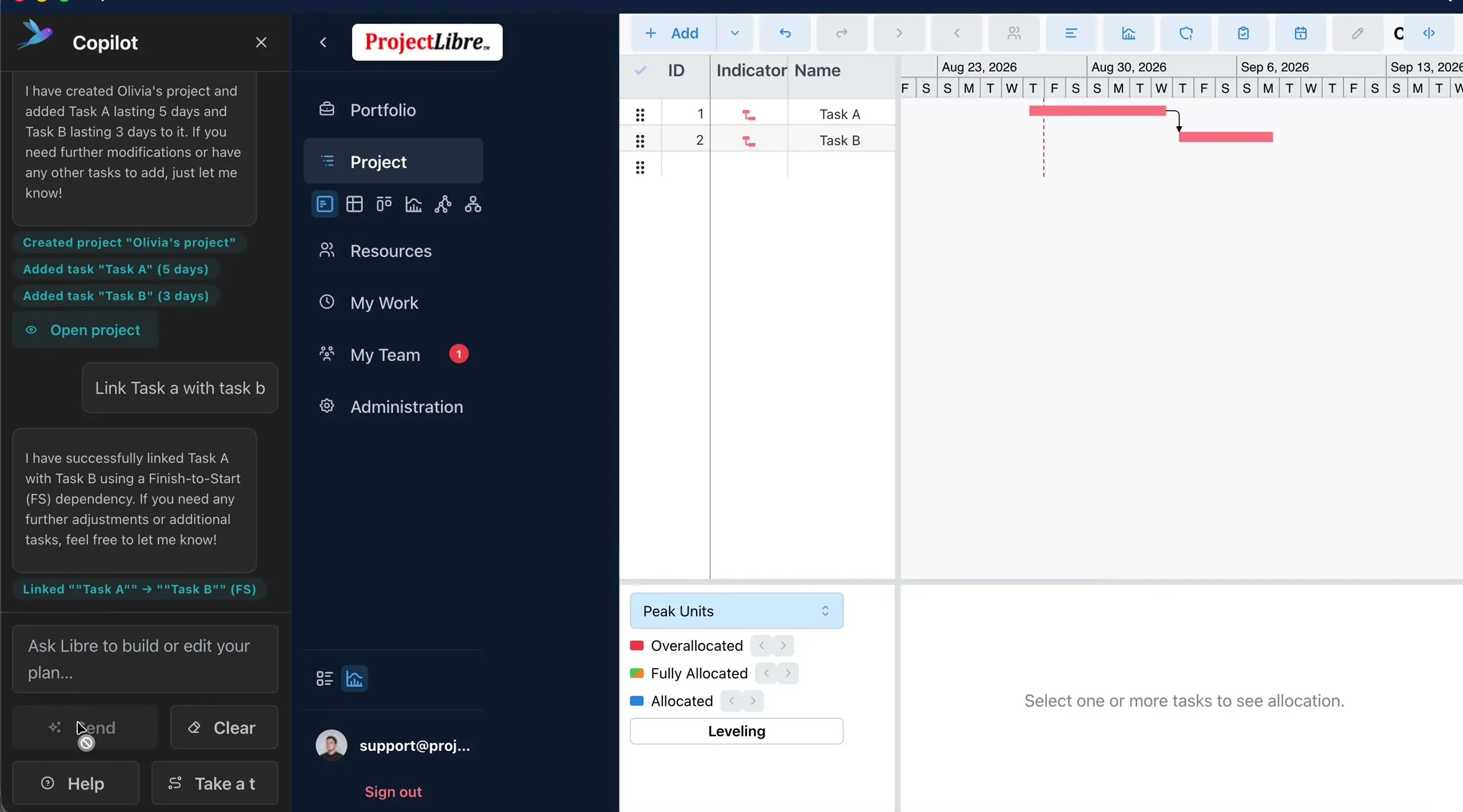 Linked Task A to Task B Finish-to-Start