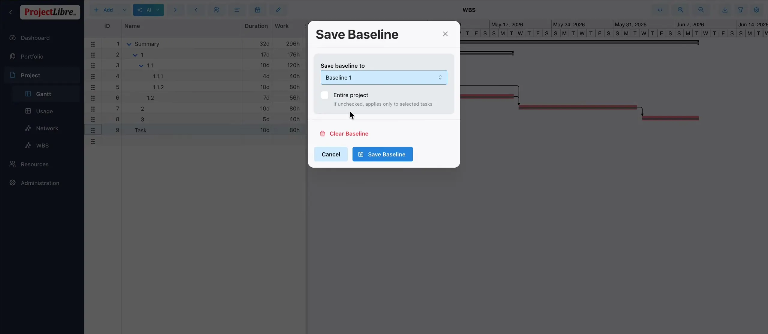 Save Baseline dialog Entire project unchecked for selected tasks