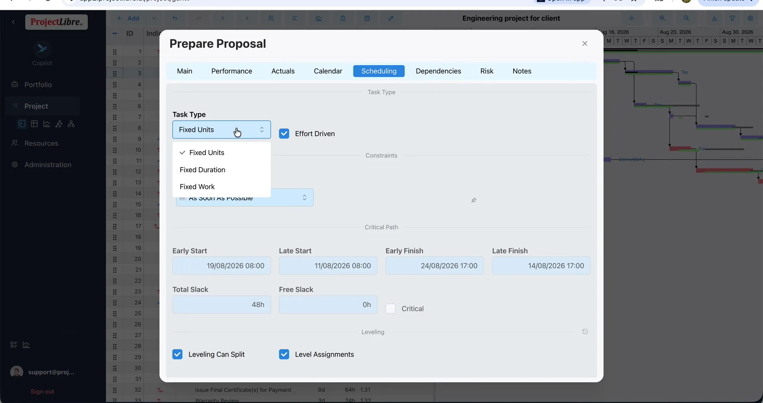 Task Scheduling tab Task Type Fixed Units Effort Driven