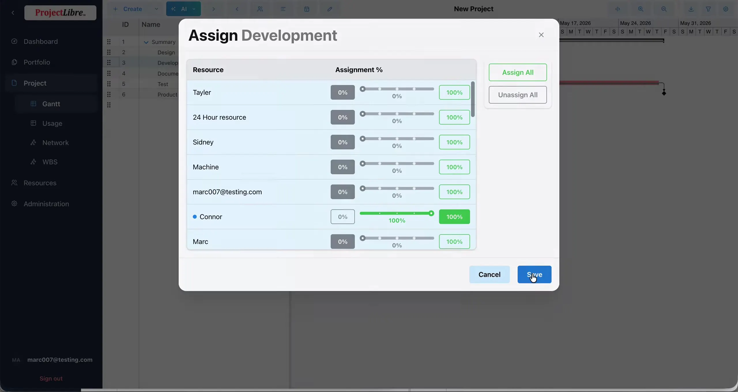 Assign Development dialog with Connor 100%