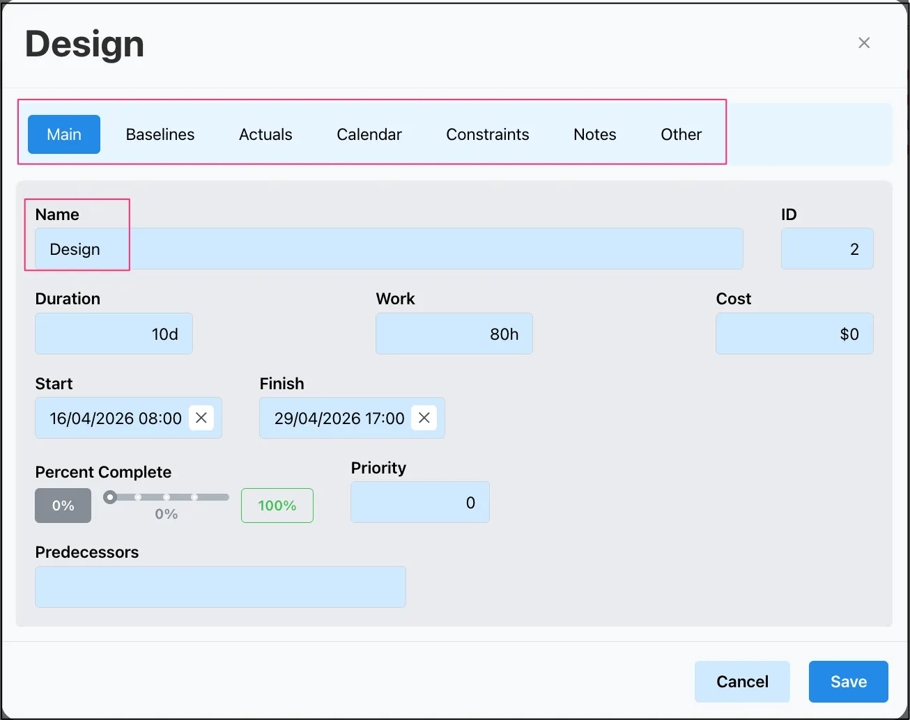Edit Task dialog tabs, including Predecessors, Resources, Advanced, Notes and Baseline/Actuals