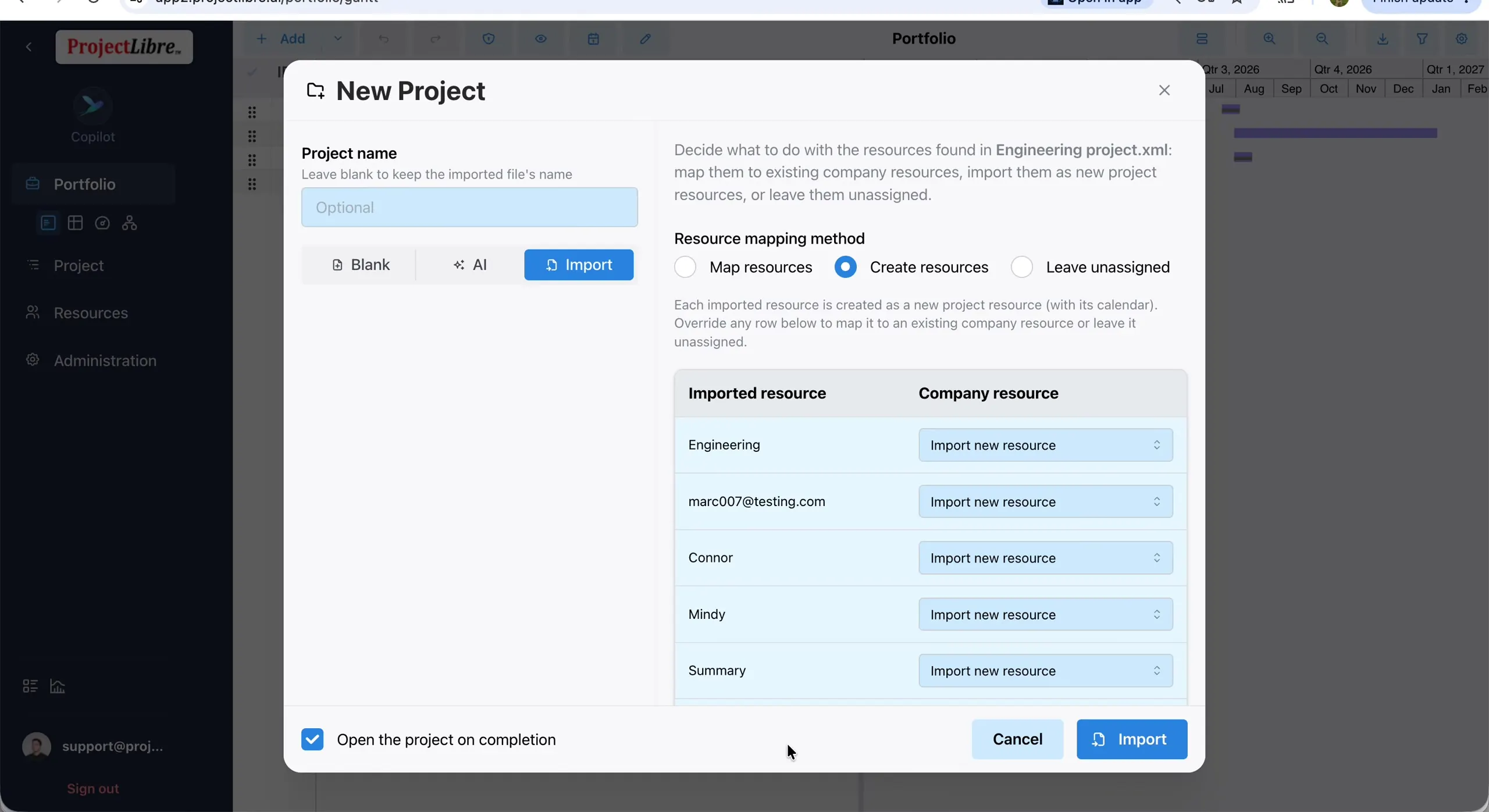 Create resources selected — Open on completion — Import ready