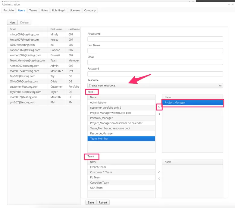 Users tab: a user being edited, with the resource and the role assigned to them