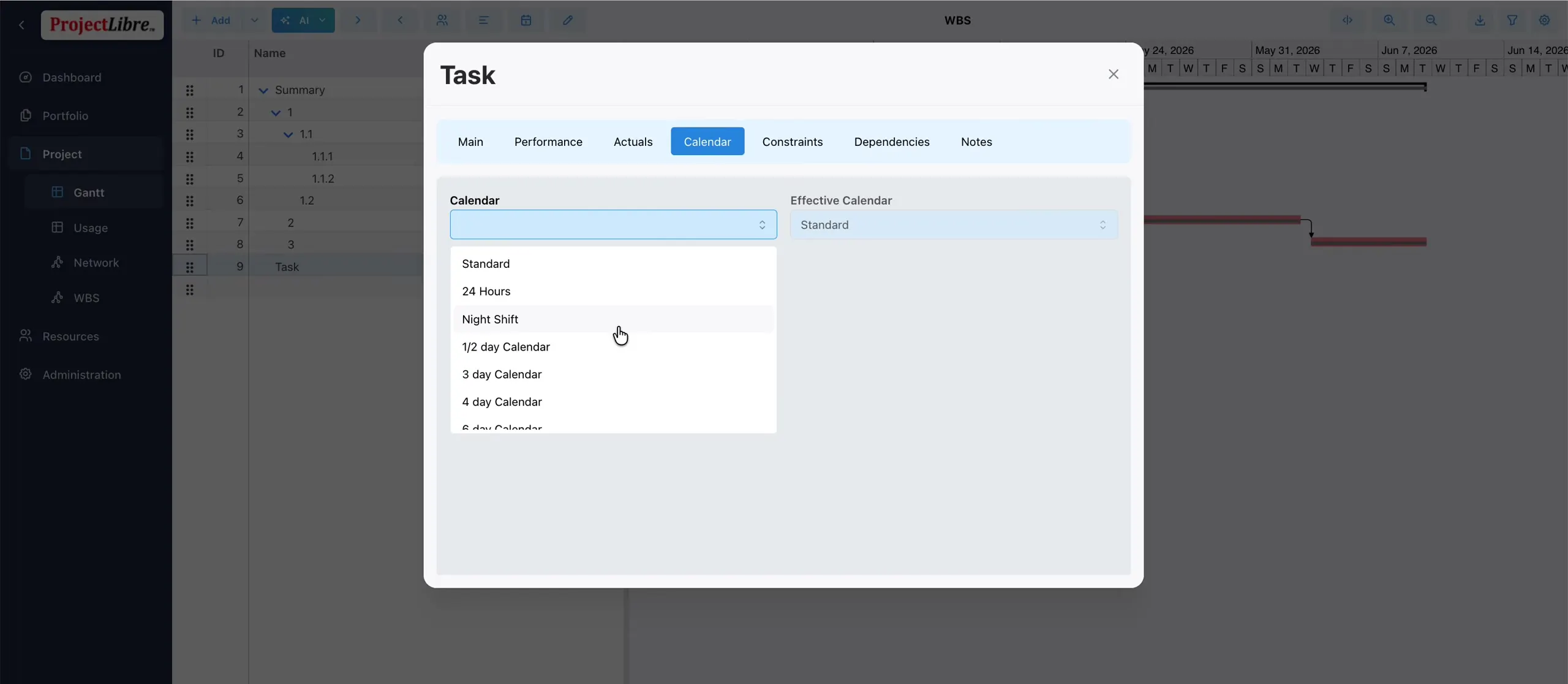 Task Calendar tab with half-day calendar dropdown