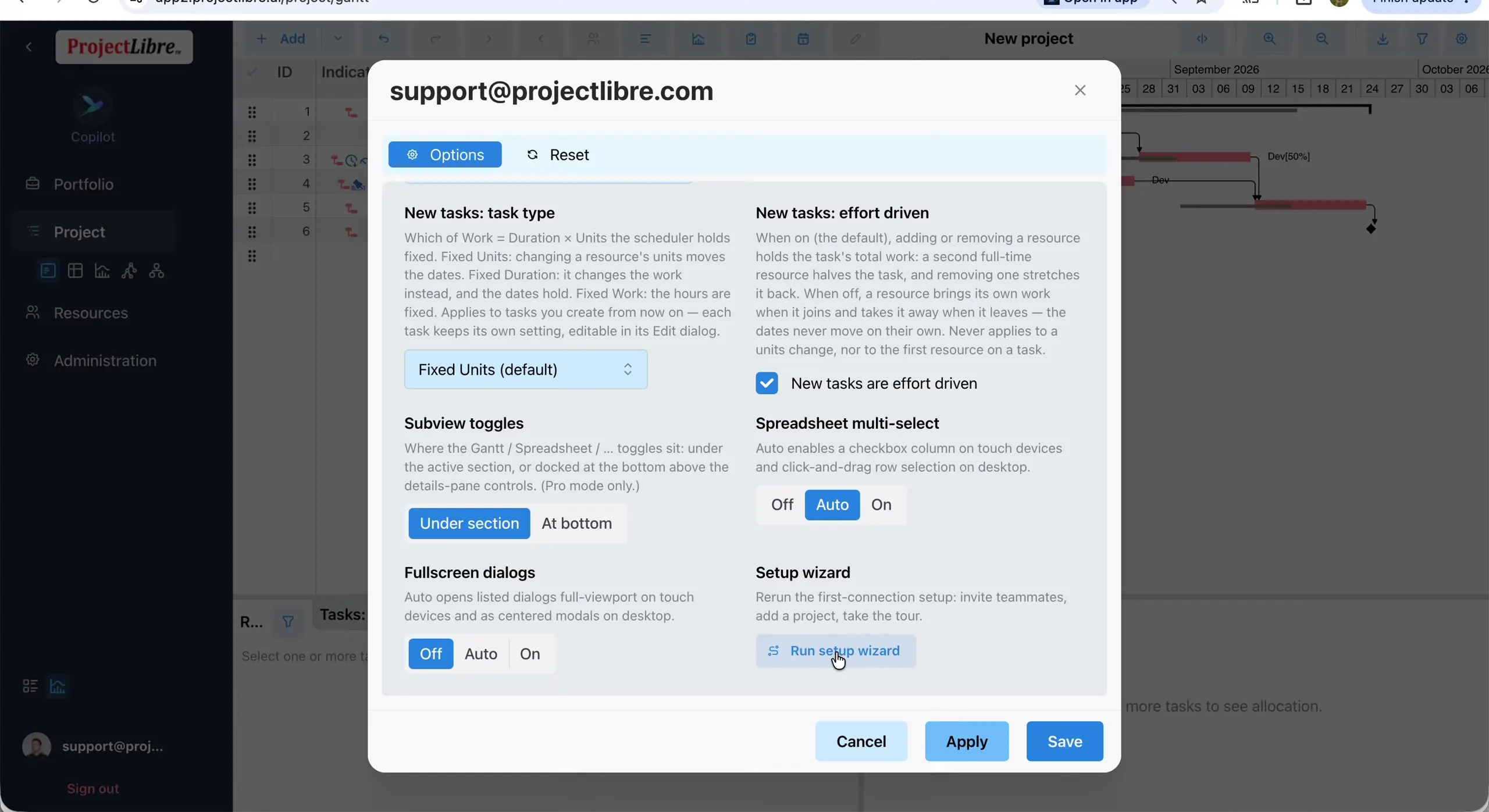 User Options — Run setup wizard