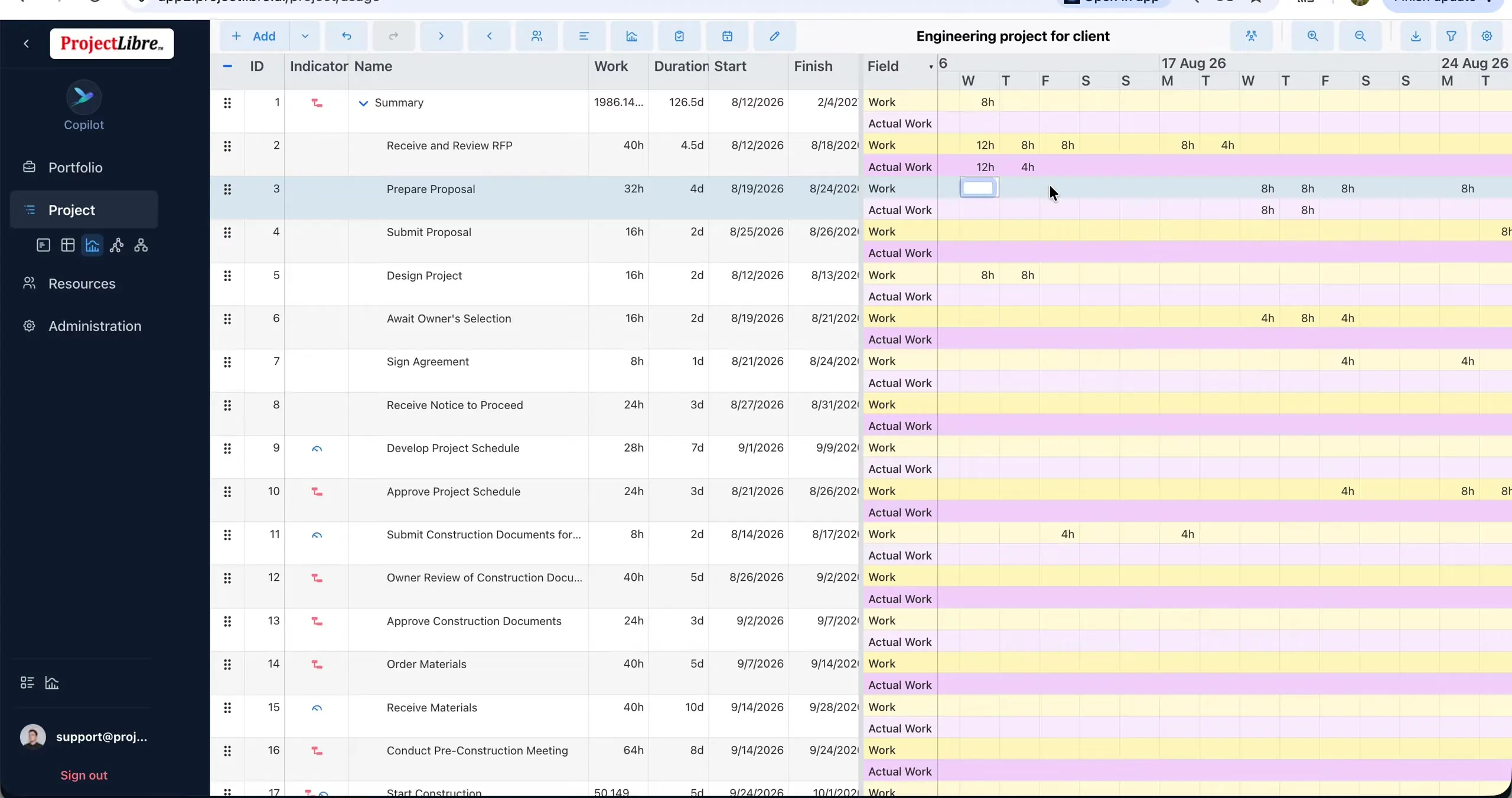Usage grid Work and Actual Work time-phased entry