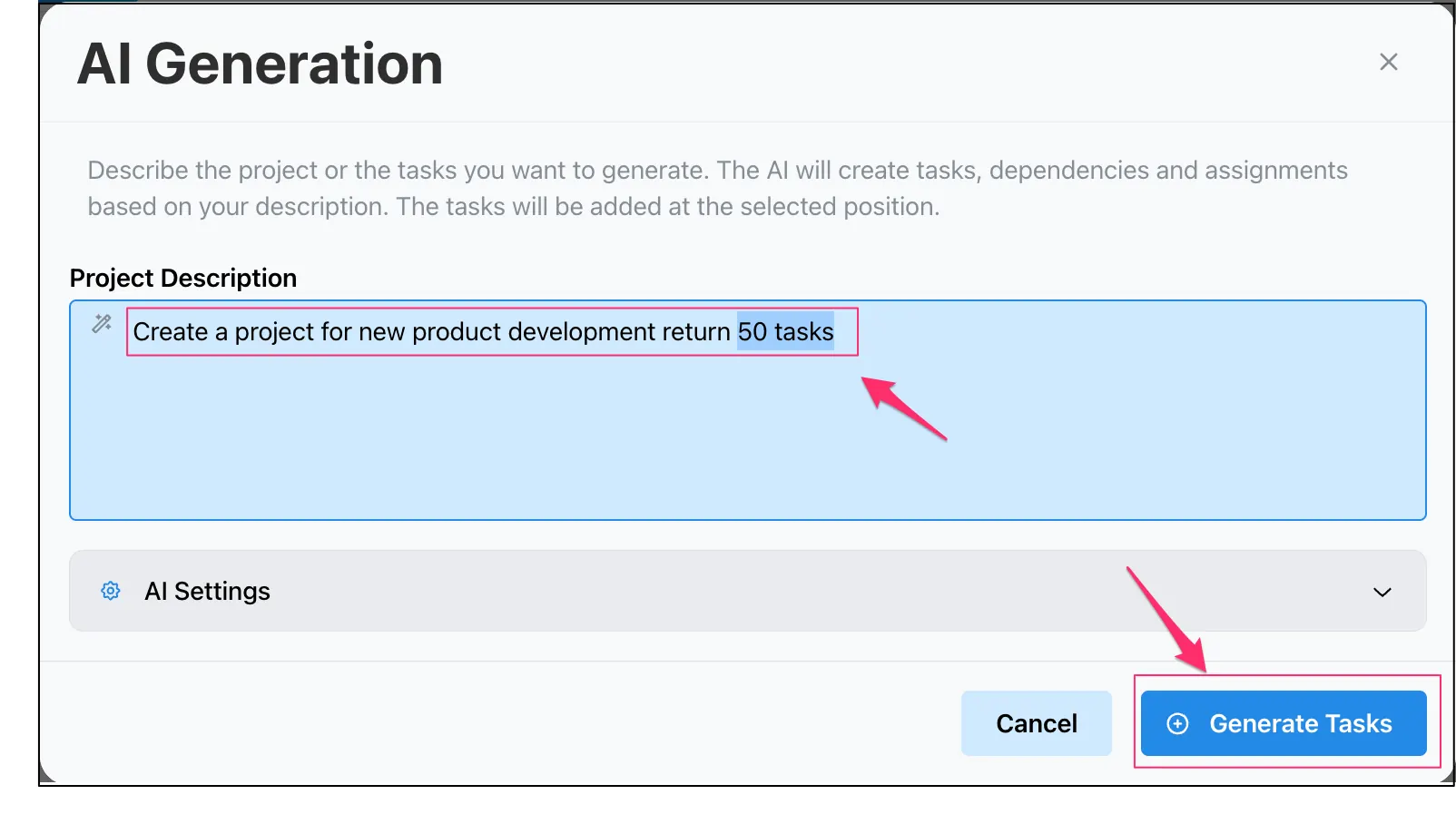 AI Generation dialog box, project description field