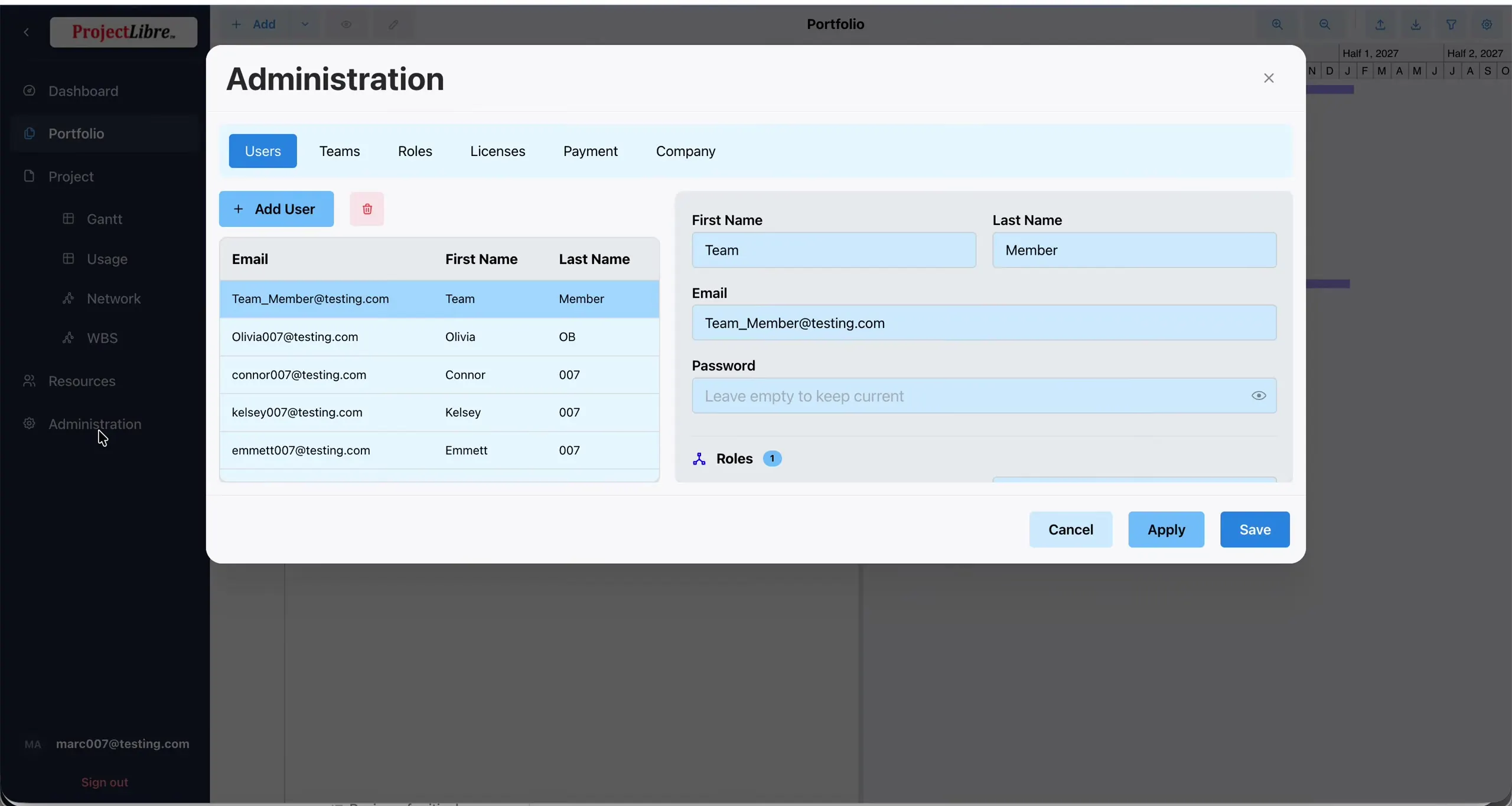Administration modal — Users tab with password leave-empty placeholder