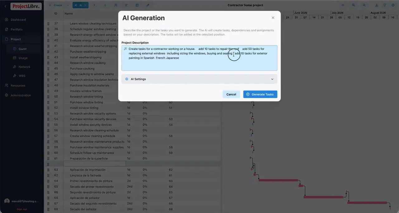 AI Generation modal — multilingual task generation (preview)