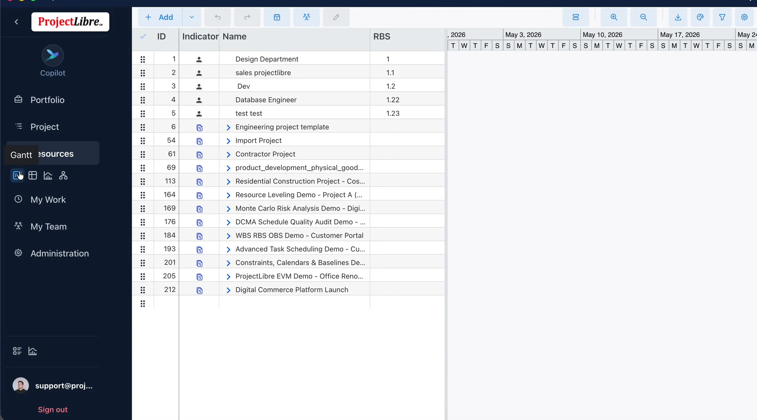 Resources sidebar sub-view icons with Gantt tooltip
