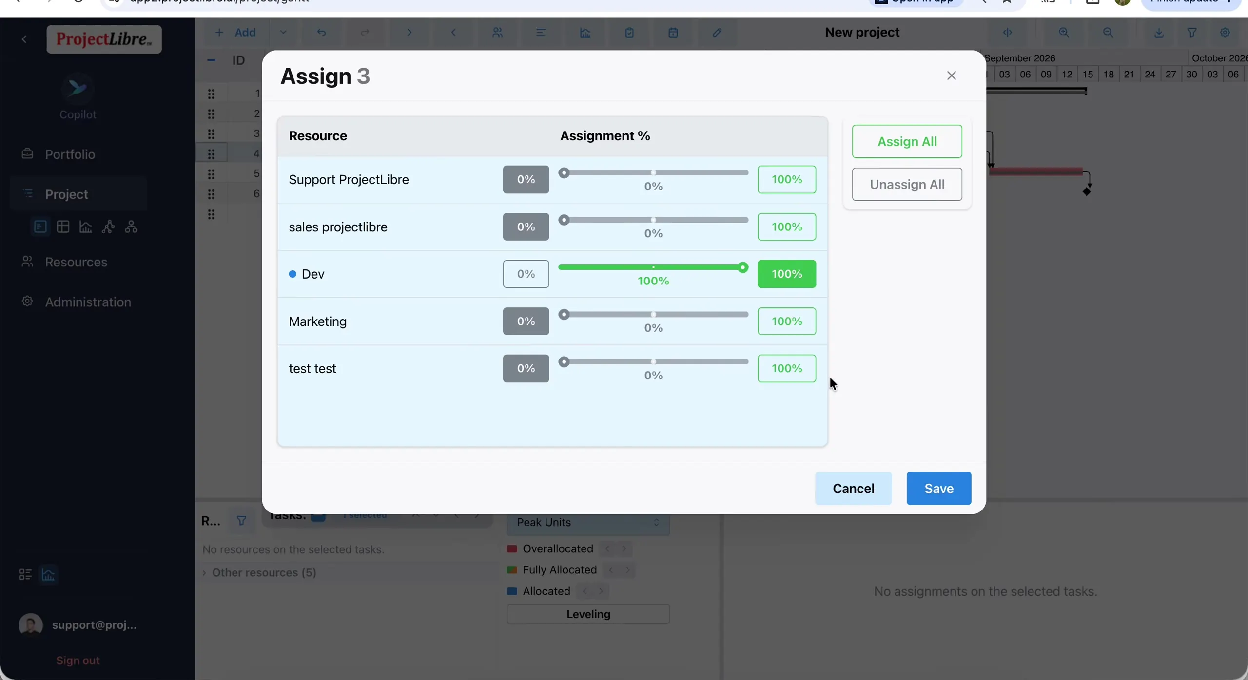Assign dialog — Dev at 100%