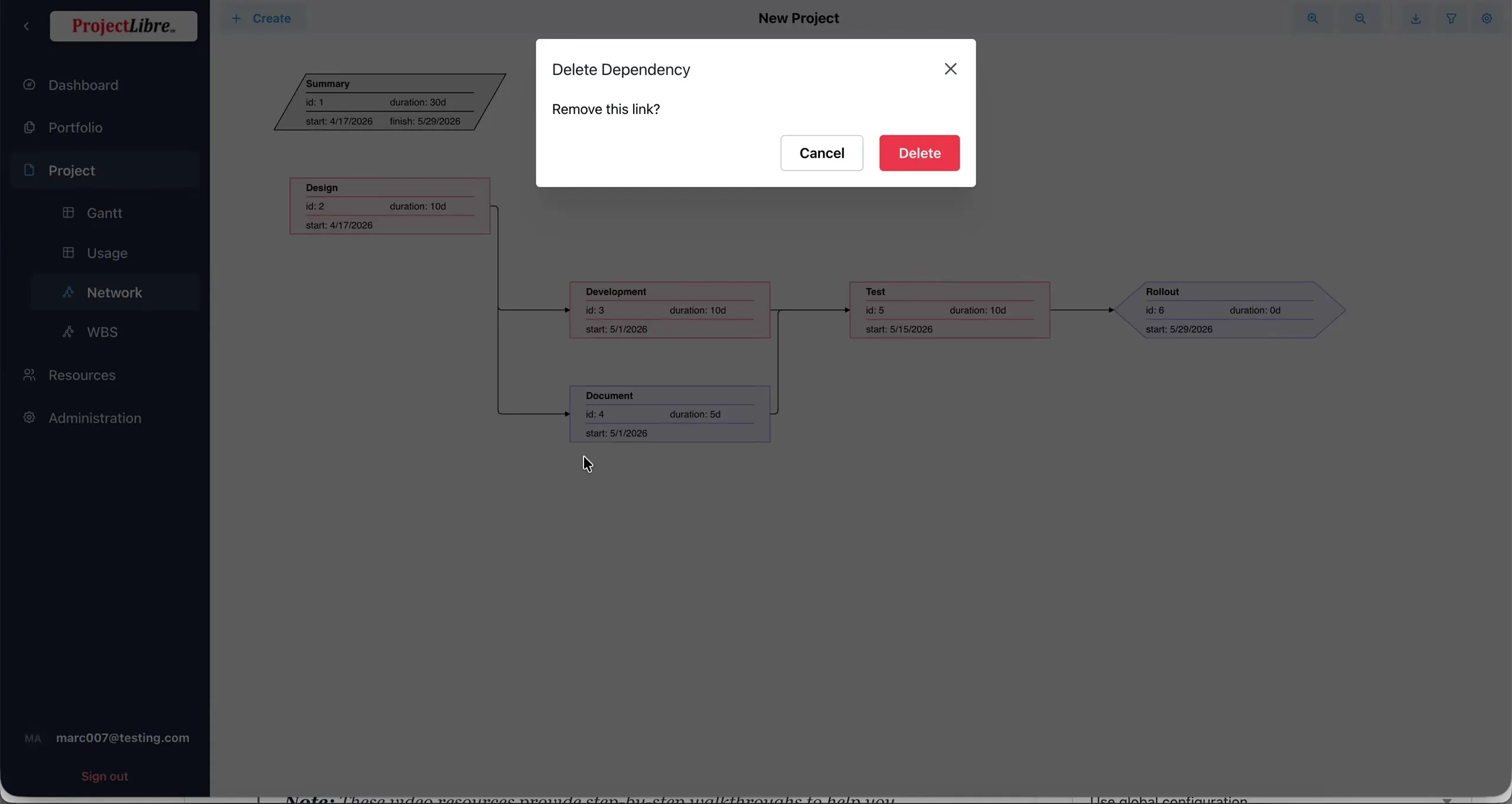 Delete Dependency dialog Remove this link