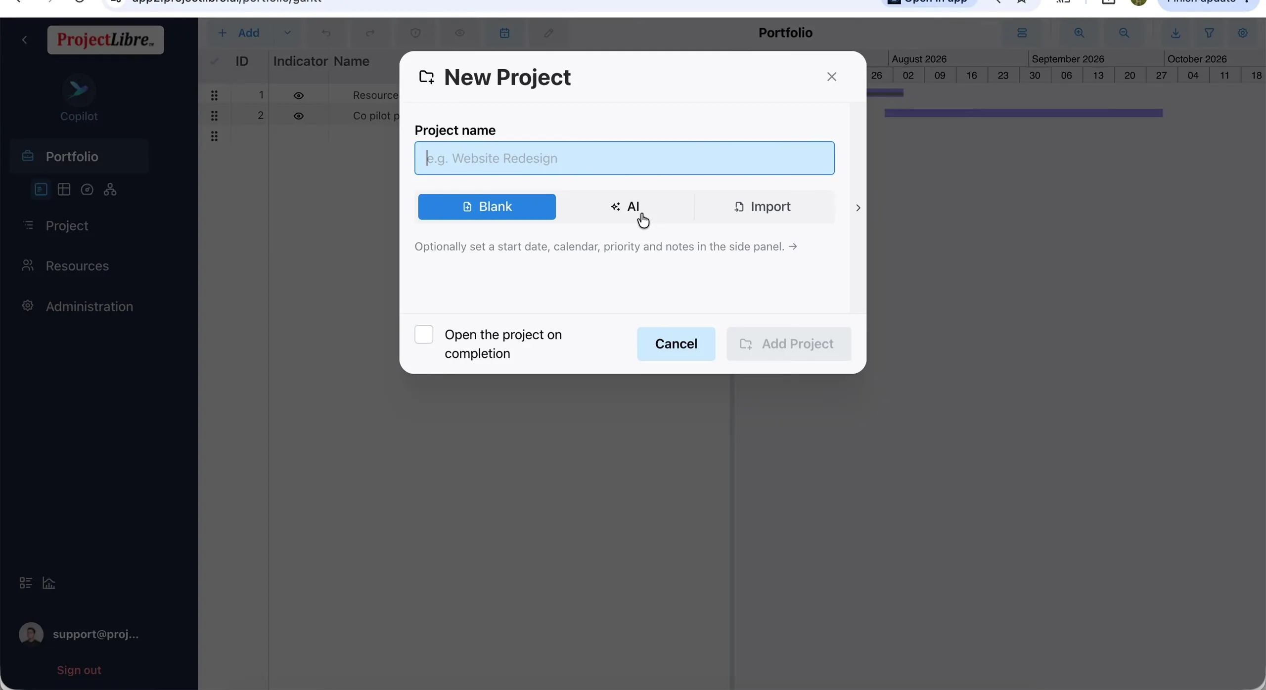 New Project modal — Blank, AI, and Import modes