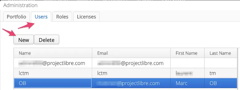 Administration, Users tab: the New and Delete buttons above the list of users