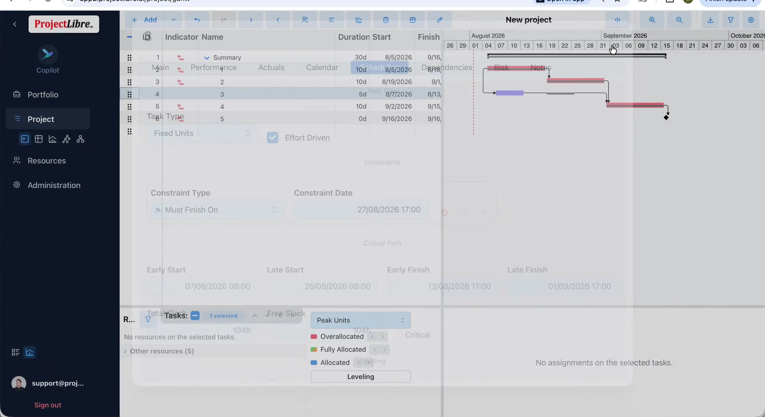 Task Scheduling tab — Must Finish On constraint