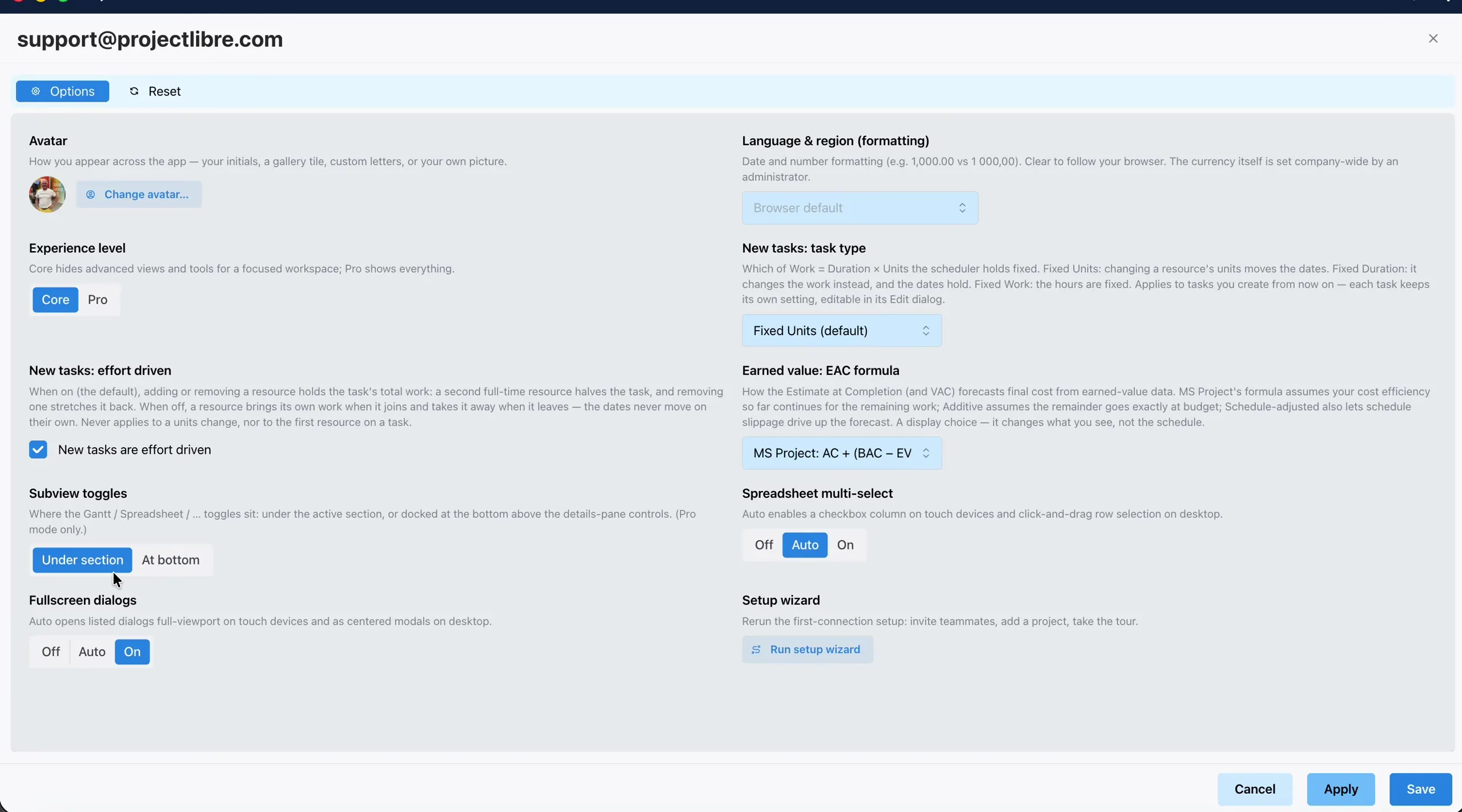 Fullscreen dialogs On in Options