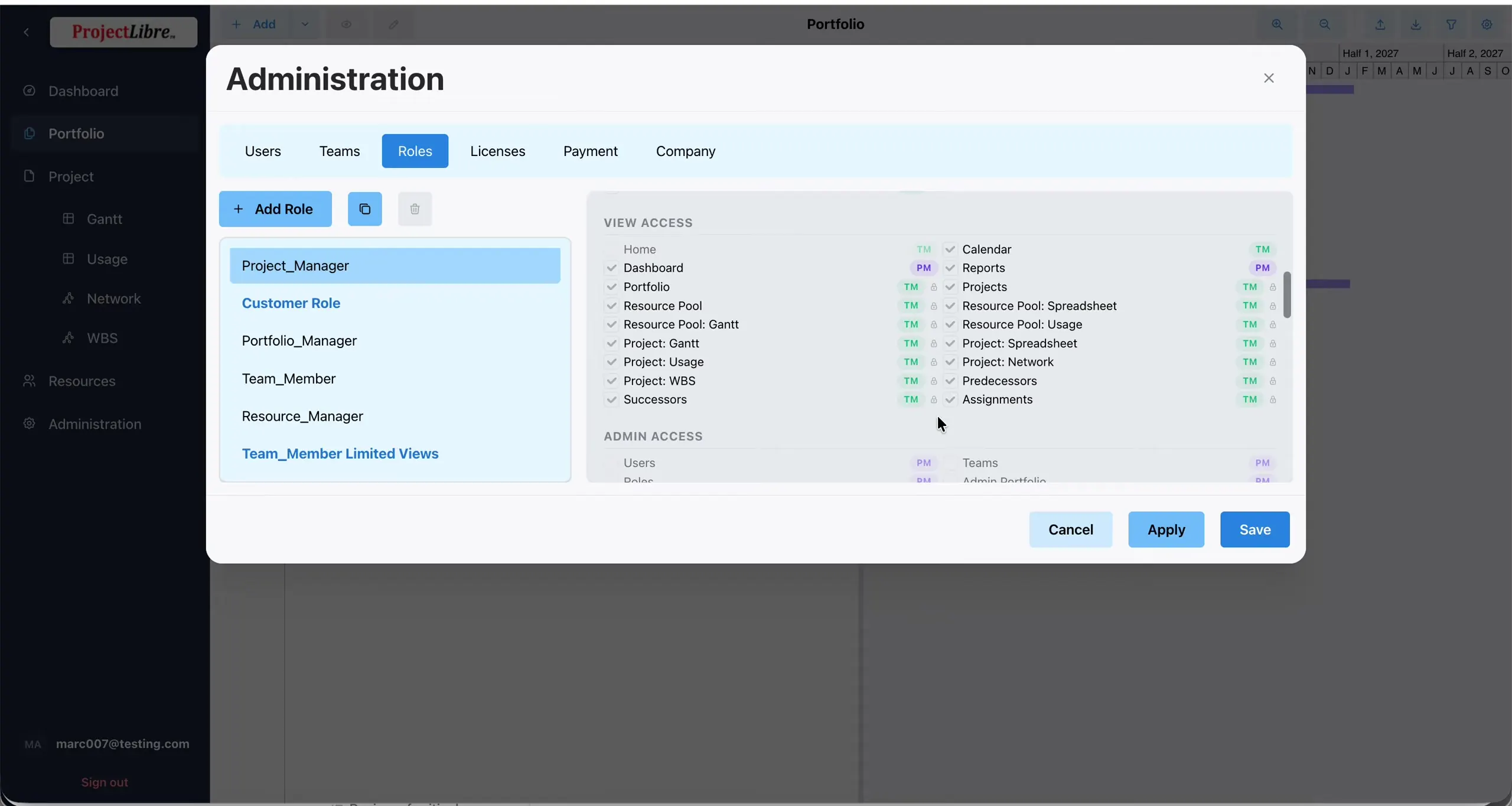 Privileges ADMIN ACCESS Users Teams Roles Admin Portfolio