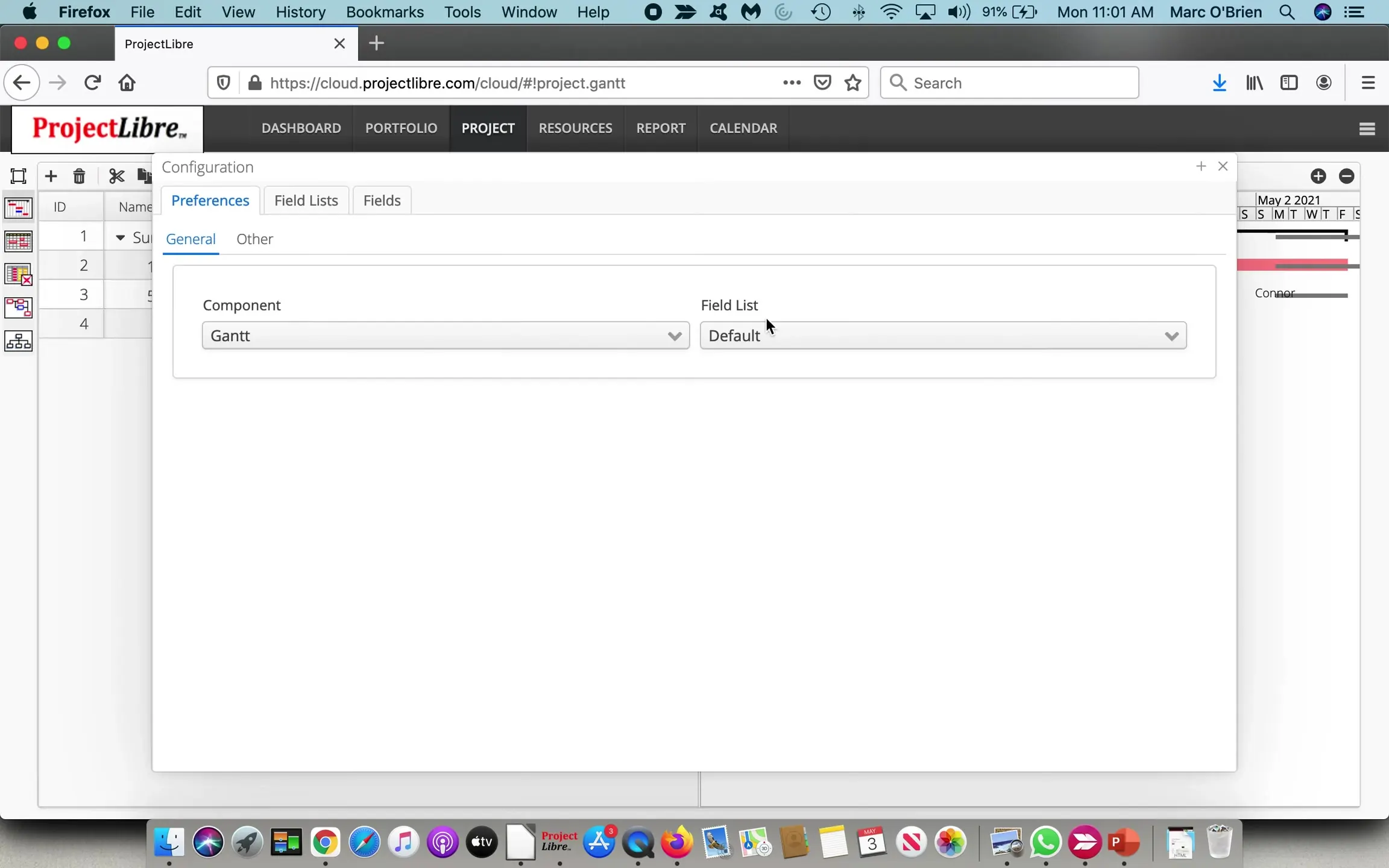 ProjectLibre Cloud Configuration Preferences Gantt Field List Earned value