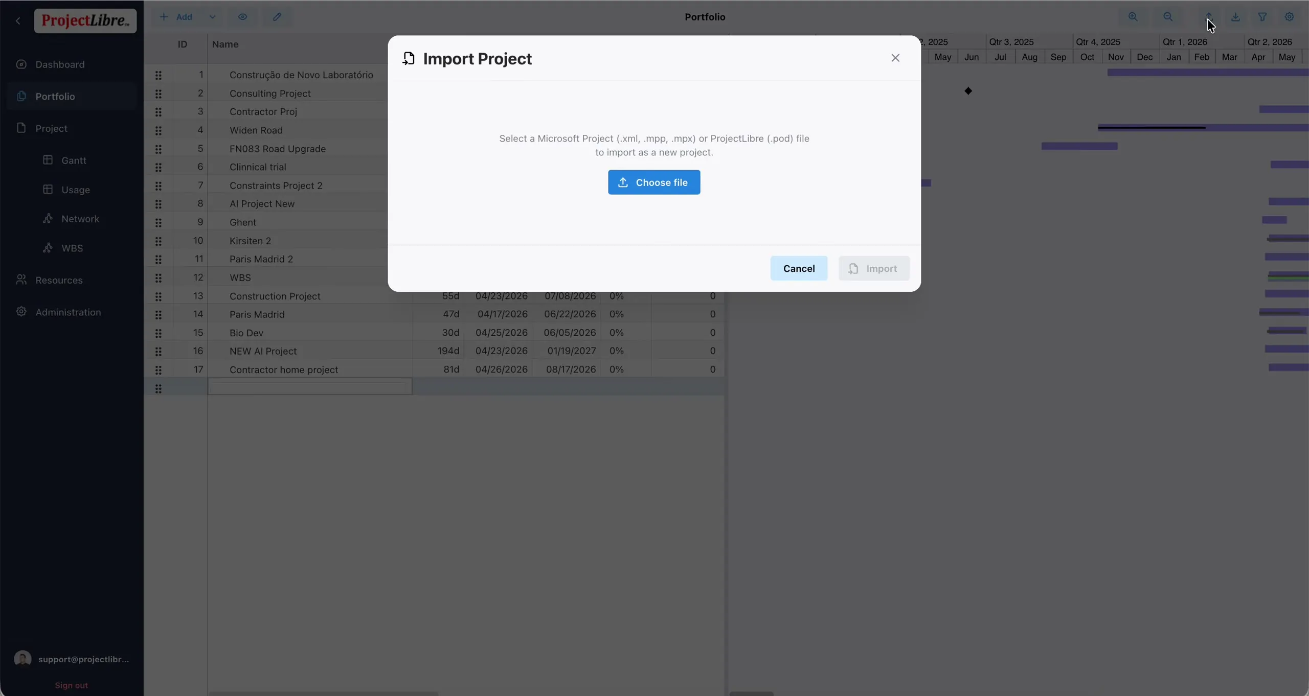 Older Import Project modal — Choose file