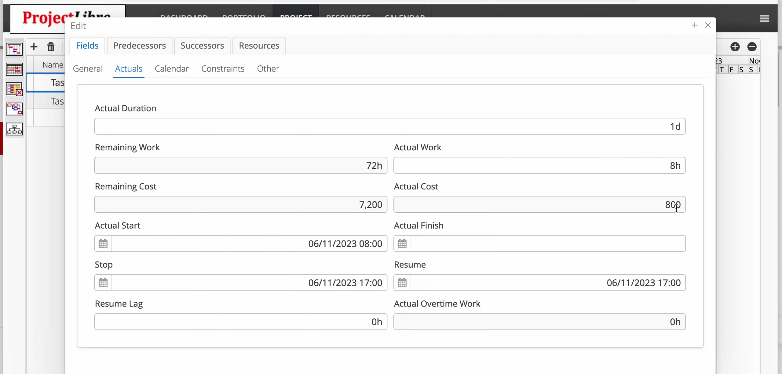 Edit Actuals showing Actual Work 8h and Actual Cost 800